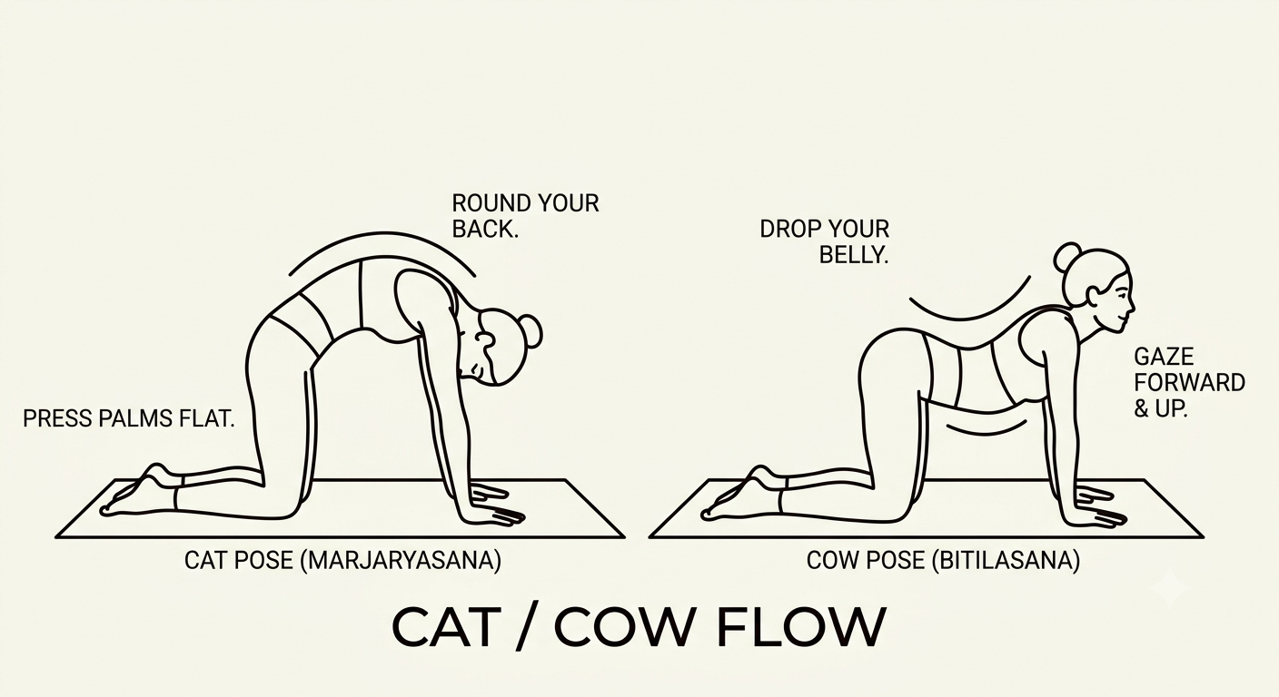 Line drawing showing two yoga poses, Cat and Cow, with instructions for each; Cat pose with hands pressed flat, back rounded, gaze downward; Cow pose with belly dropped, gaze forward and upward.
