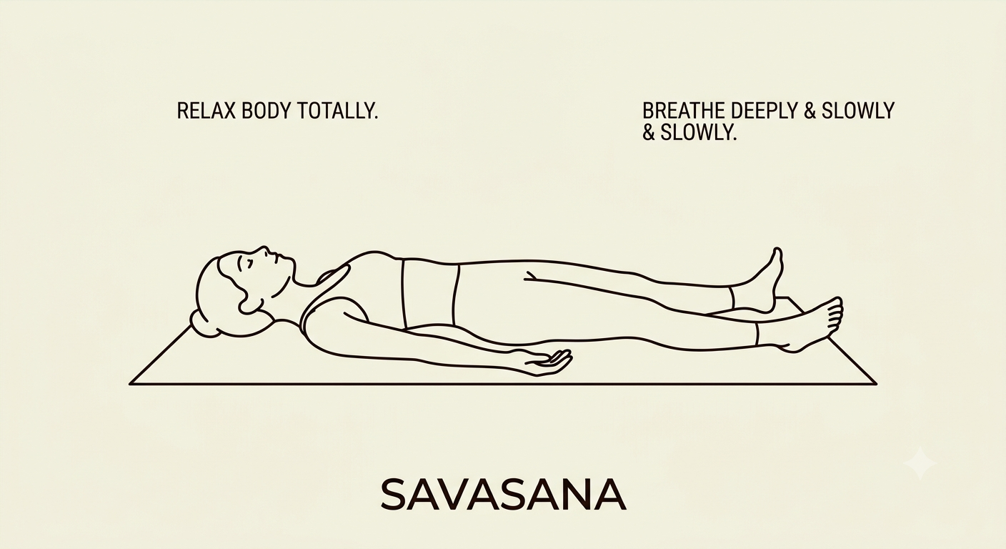 Line drawing of a woman practicing savasana yoga pose lying flat on her back with arms at sides, on a yoga mat, with instructions to relax the body completely and breathe deeply and slowly.
