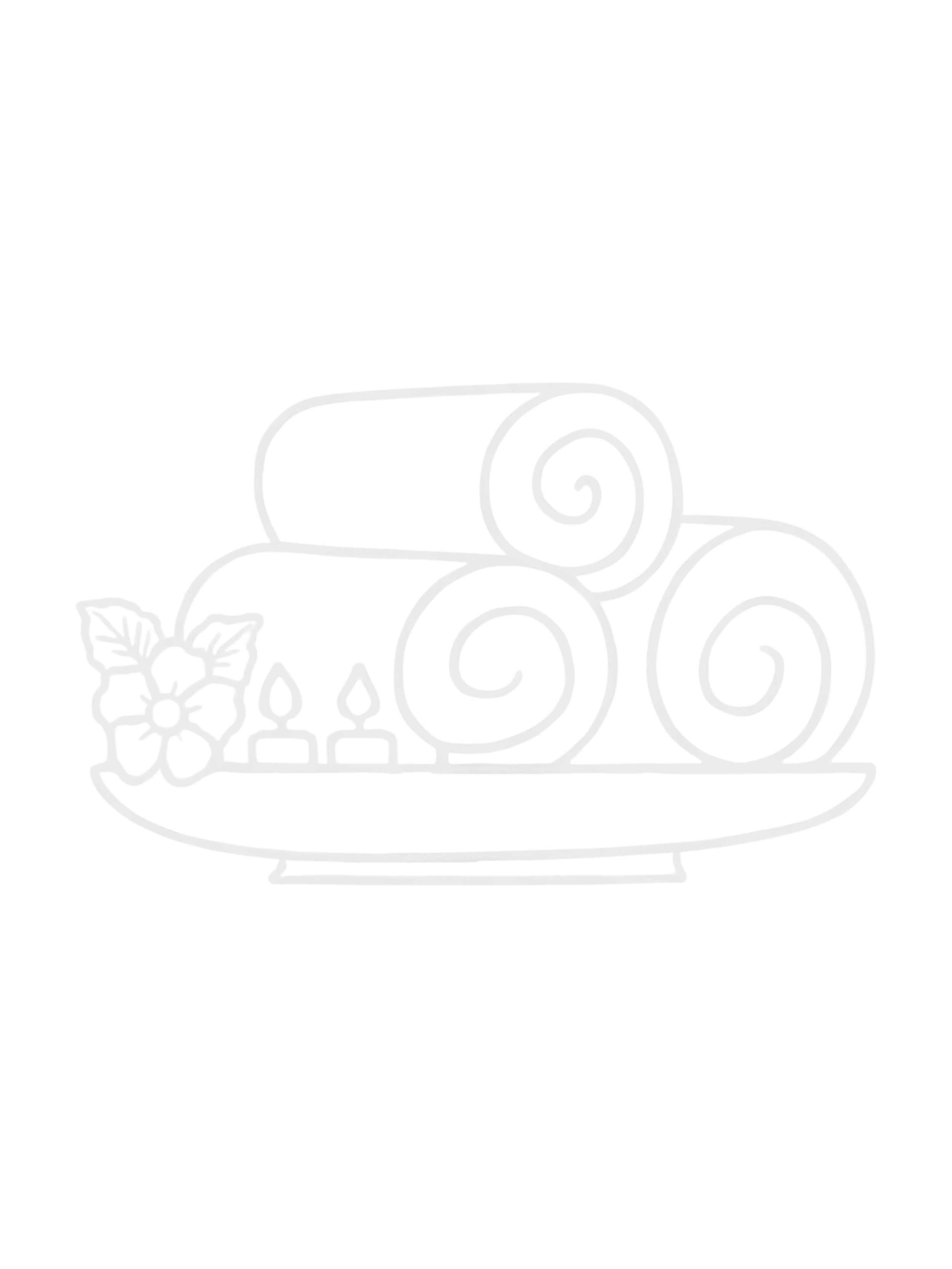 Outline drawing of a platter with sliced bread, a bunch of grapes, and rolled meats, displayed with a bunch of leafy herbs on the side.