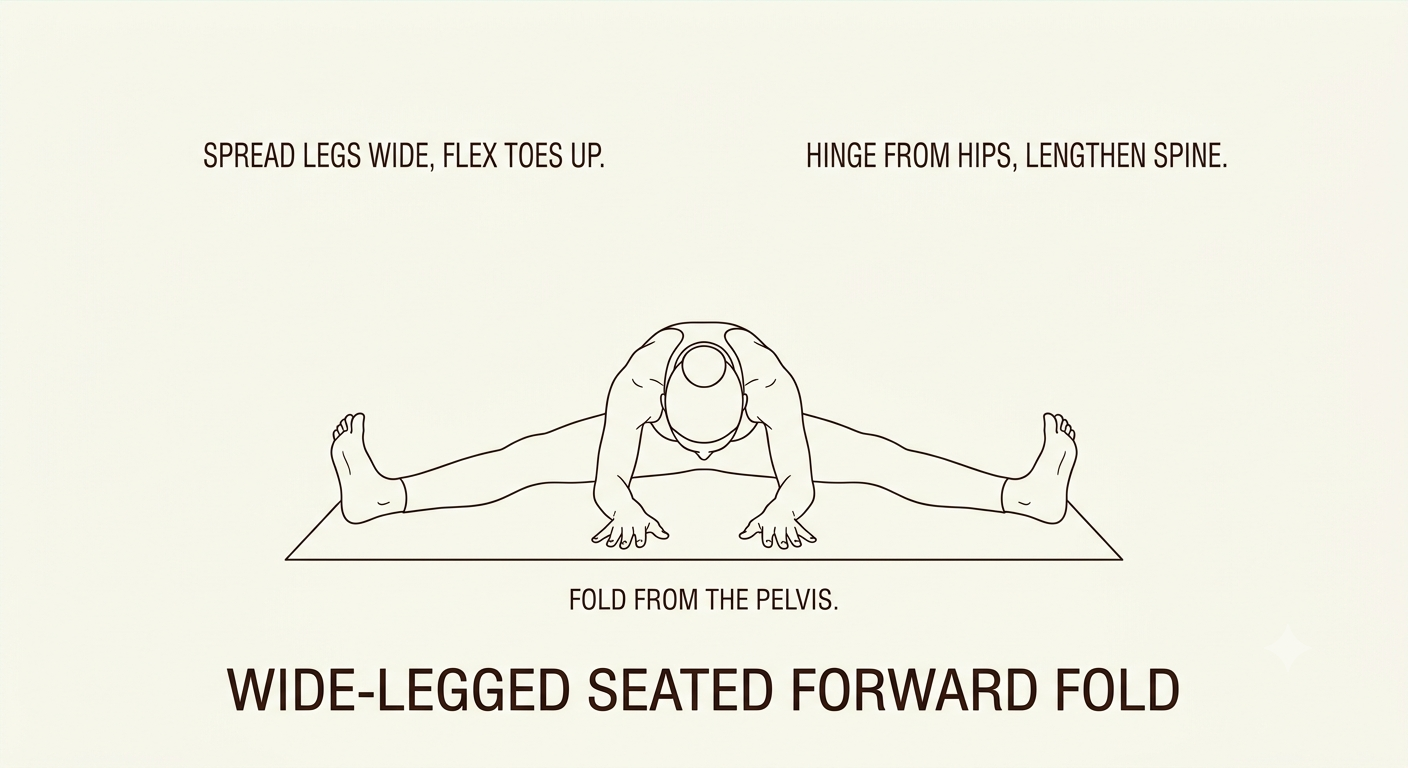 Illustration of a wide-legged seated forward fold yoga pose with instructions: spread legs wide, flex toes up, hinge from hips, lengthen spine, fold from pelvis.
