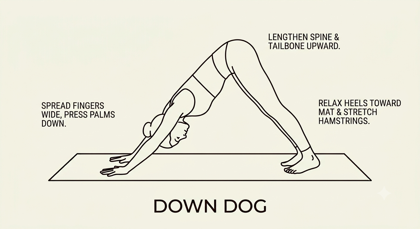 Line drawing of a person doing a yoga pose called "Down Dog" on a mat, with instructions for proper form: spread fingers wide and press palms down, lengthen spine and tailbone upward, relax heels toward the mat and stretch hamstrings.
