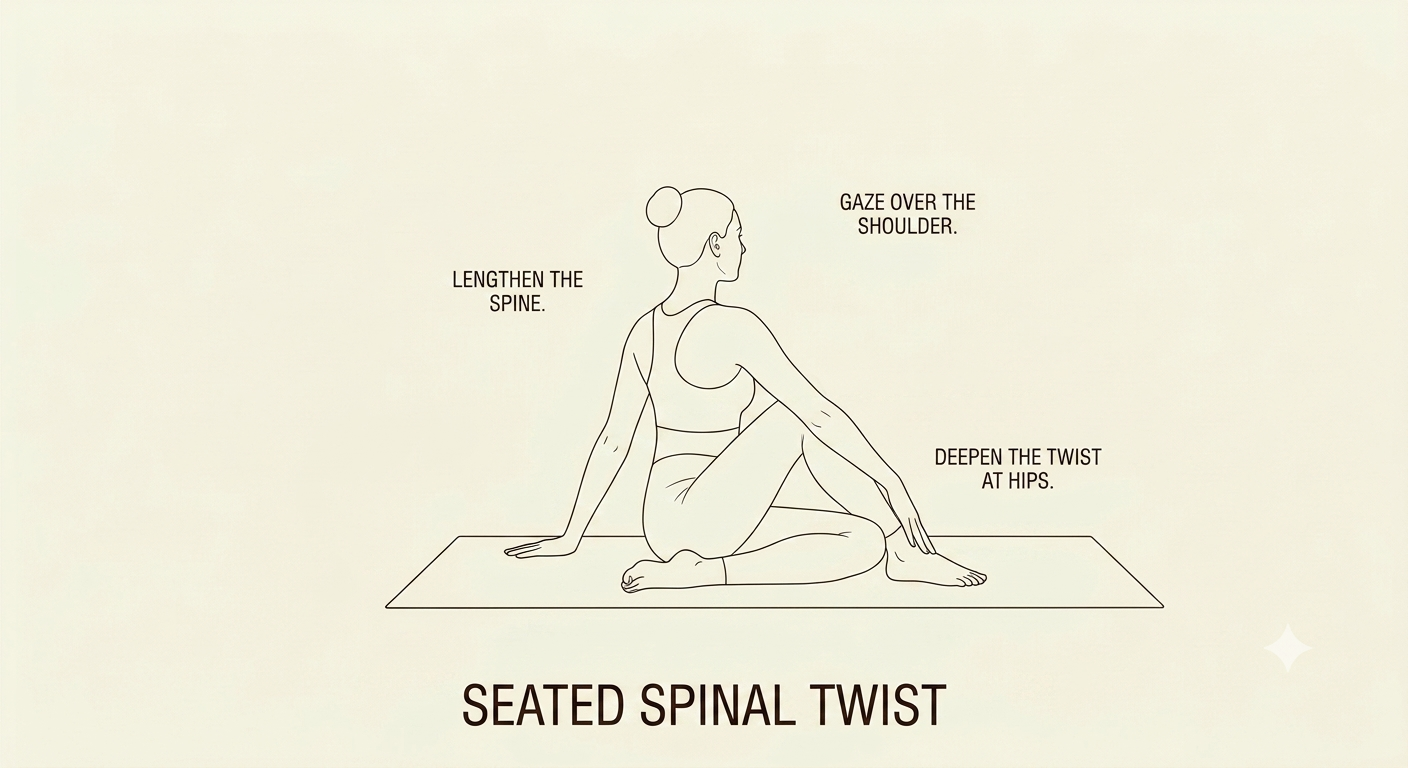 Line drawing demonstrating a seated spinal twist yoga pose with instructions: 'Lengthen the spine,' 'Gaze over the shoulder,' and 'Deepen the twist at hips,' titled 'Seated Spinal Twist'.