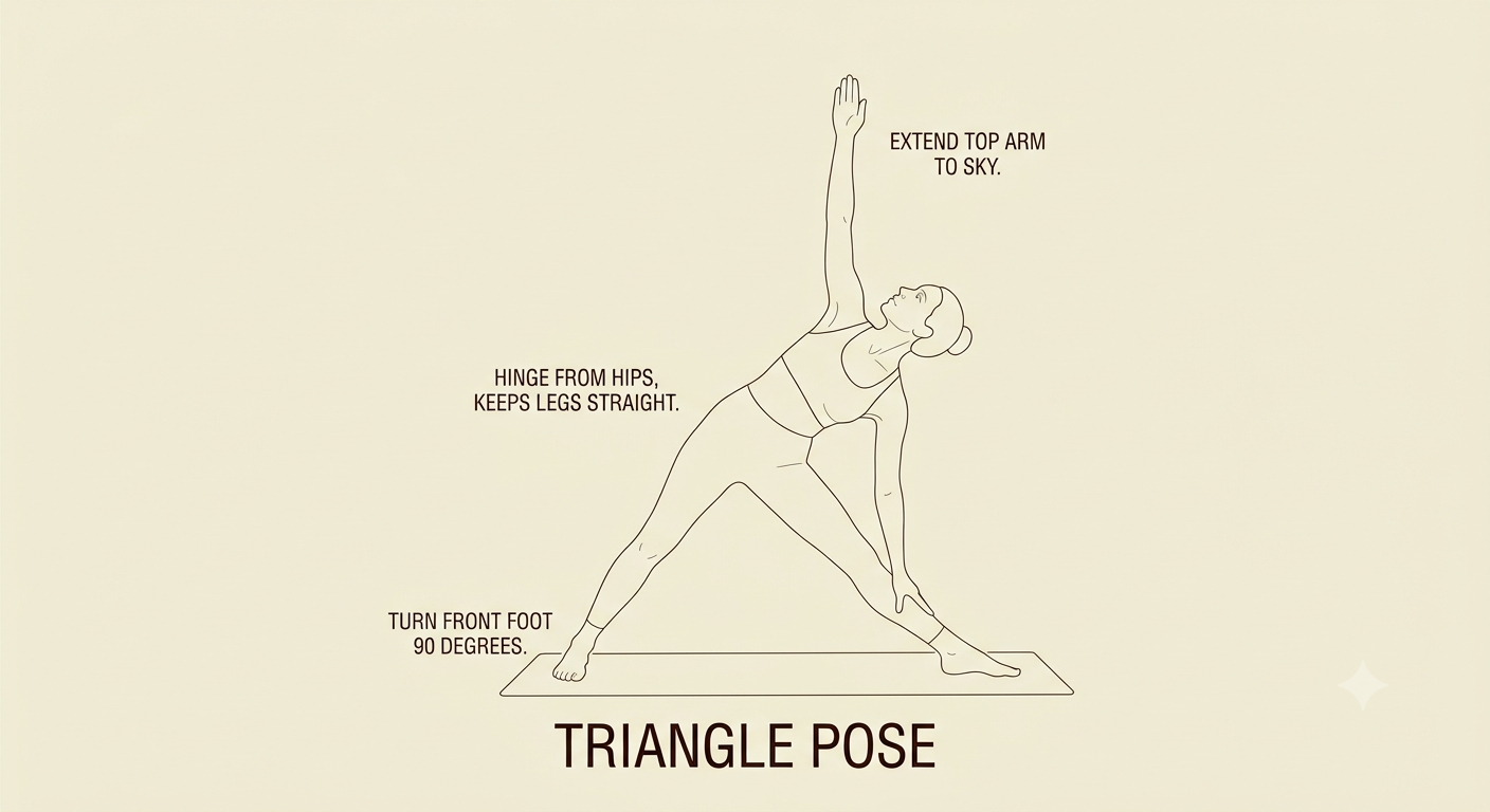 A diagram of a woman in a yoga pose called Triangle Pose. She is standing with legs apart at a 90-degree angle, one hand reaching down to her front foot, and the other hand extending straight up toward the sky. The diagram includes labels with instru