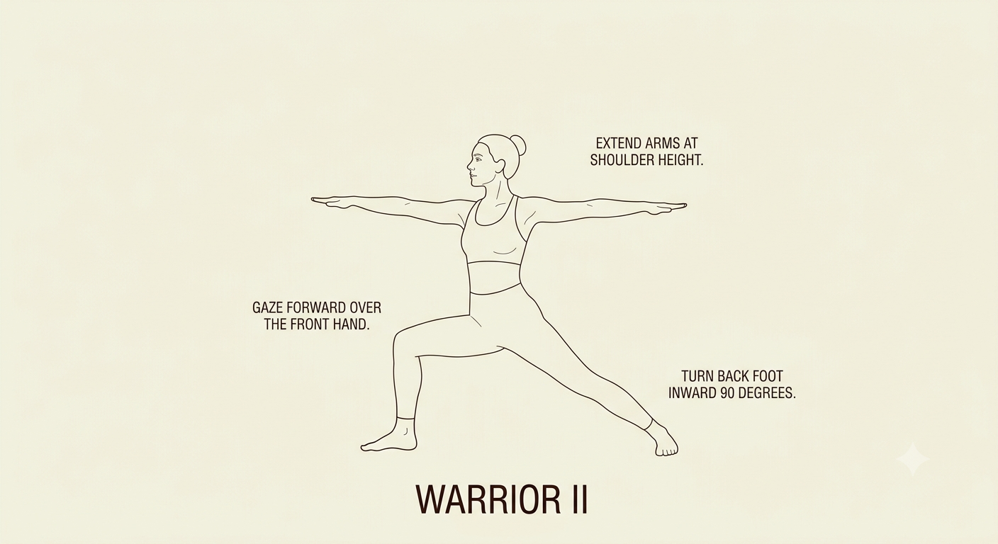 Line drawing of a woman in a Warrior II yoga pose with instructions: extend arms at shoulder height, gaze forward over front hand, turn back foot inward 90 degrees.