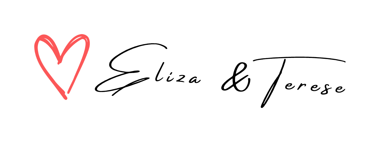 A stylized pink heart followed by the names 'Eliza & Terese' written in cursive black font.
