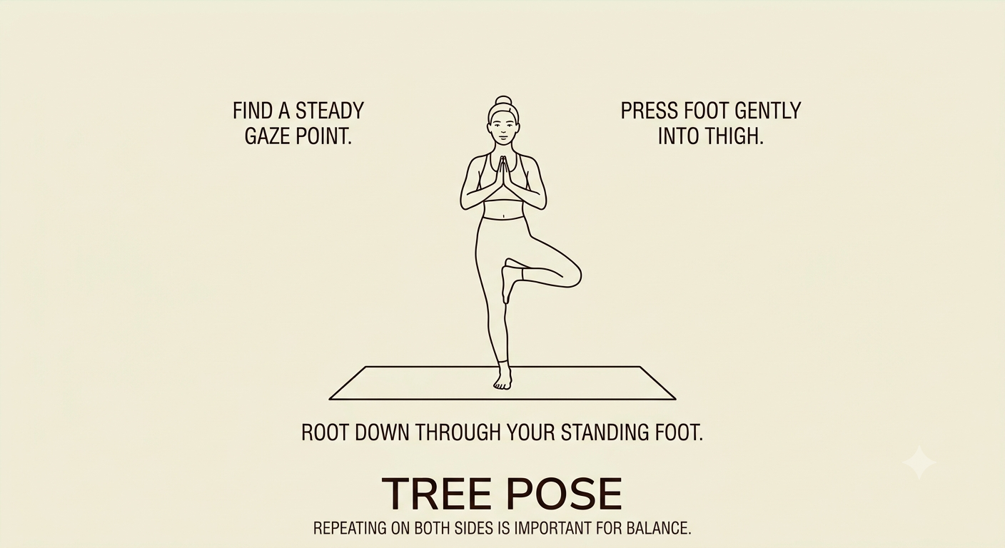 Line drawing of a woman in tree pose yoga stance, standing on one leg with the sole of her foot on her inner thigh, hands in prayer position at her chest. Instructions: find a steady gaze point, press foot gently into thigh, root down through standin