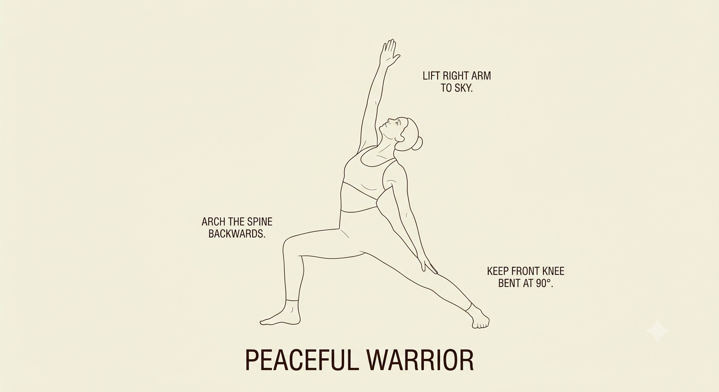 A woman in a yoga pose with her right arm raised toward the sky, left hand touching her left leg, which is bent at 90 degrees. The text provides instructions for the pose, including arching the spine backwards.