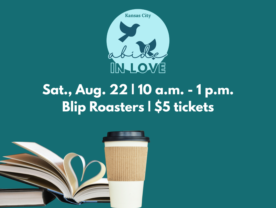 Abide in Love logo with two doves, an open book with pages curved in forming a heart, and a to-go cup of coffee