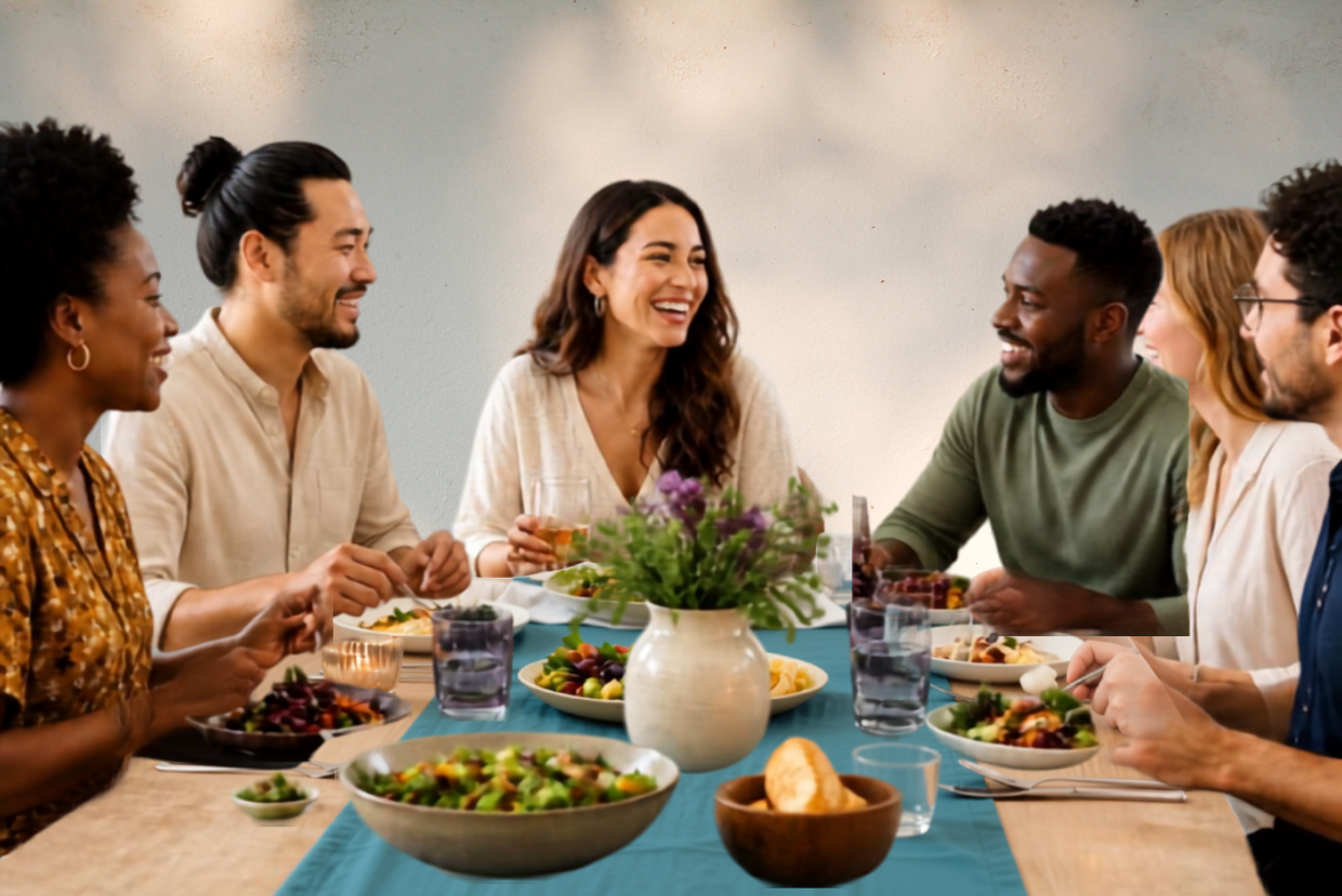 A diverse group of friends sharing a meal.