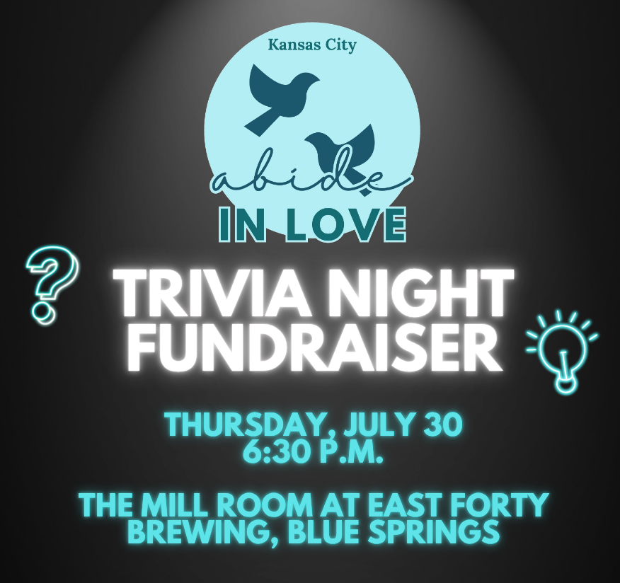 Abide in Love Kansas City logo with two doves along with a neon question mark and neon light bulb icon.