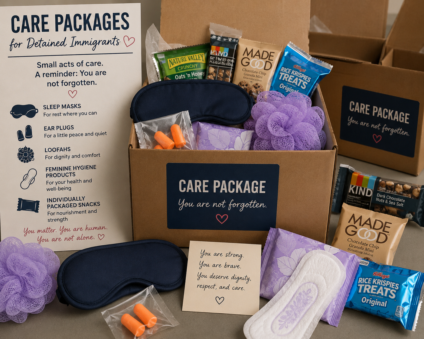 A box with the label, "Care Package: You are not forgotten." The care package contains a sleep mask, ear plugs, loofah, feminine hygiene products, and individually packaged snacks.