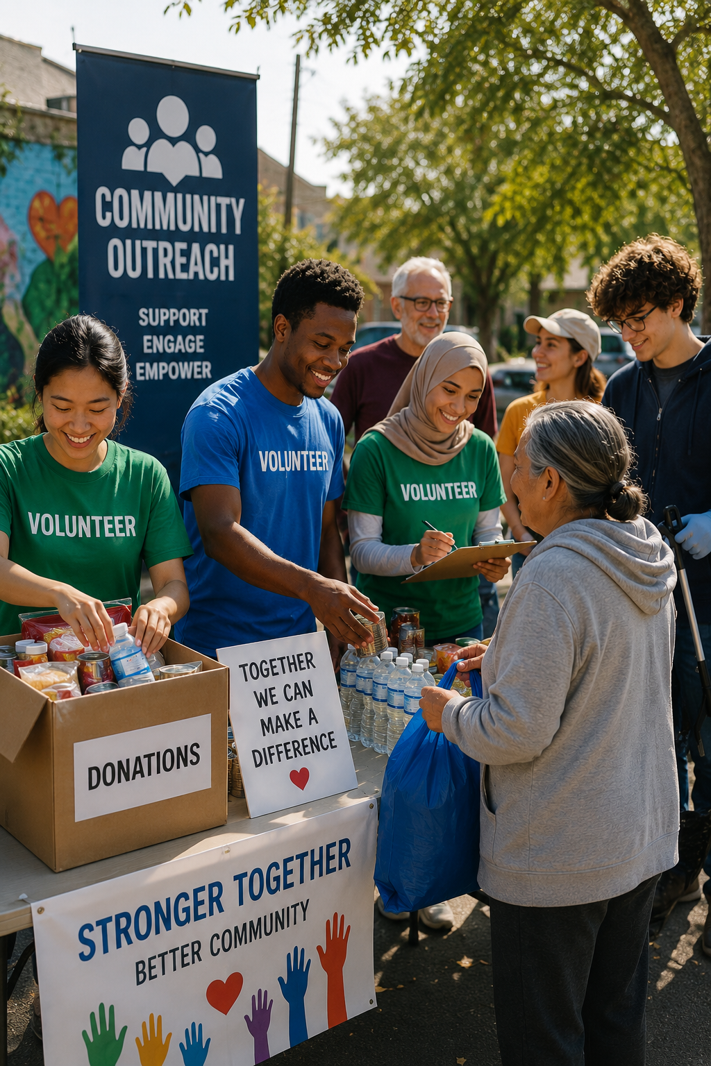 A group of volunteers engaged in community outreach providing food donations.