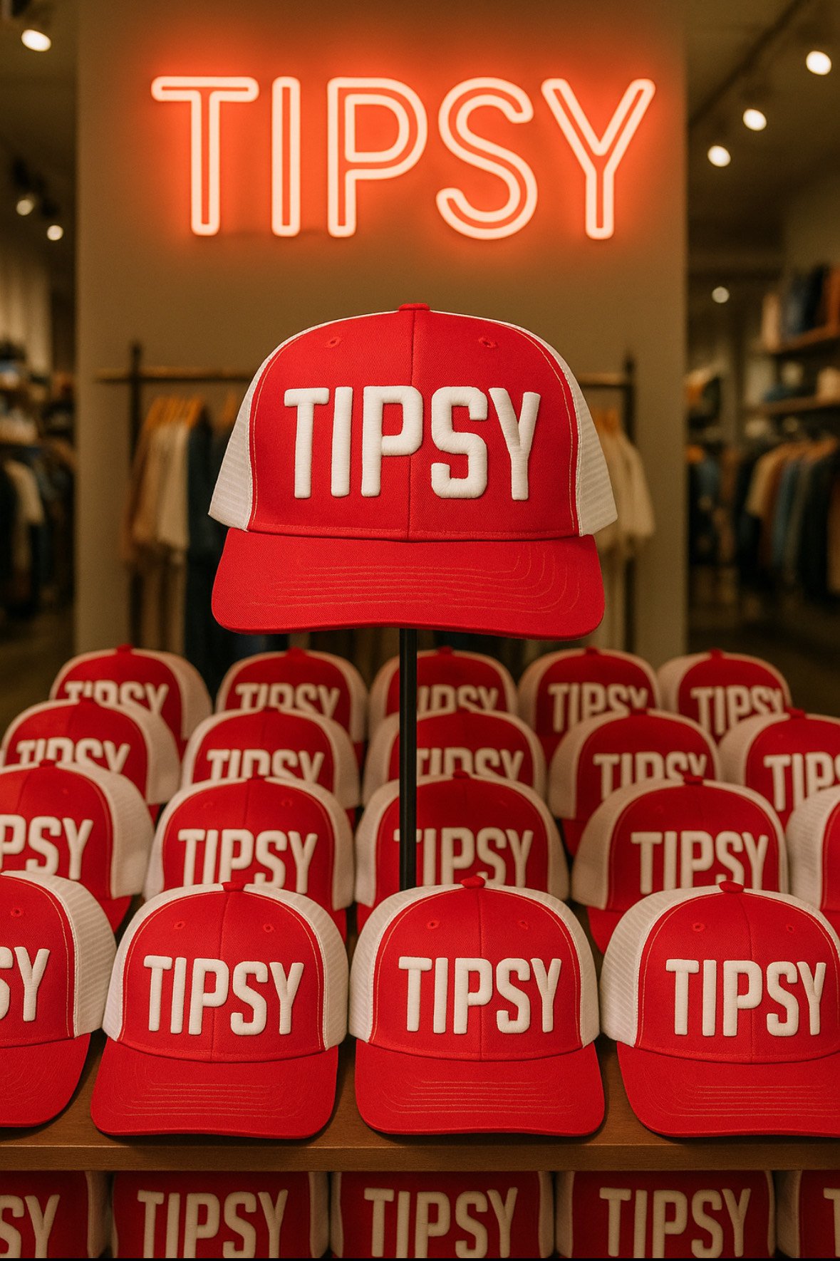 A display of red and white baseball caps with the word 'TIPSY' embroidered on the front, arranged on a table at a retail store with a neon sign reading 'TIPSY' in the background.