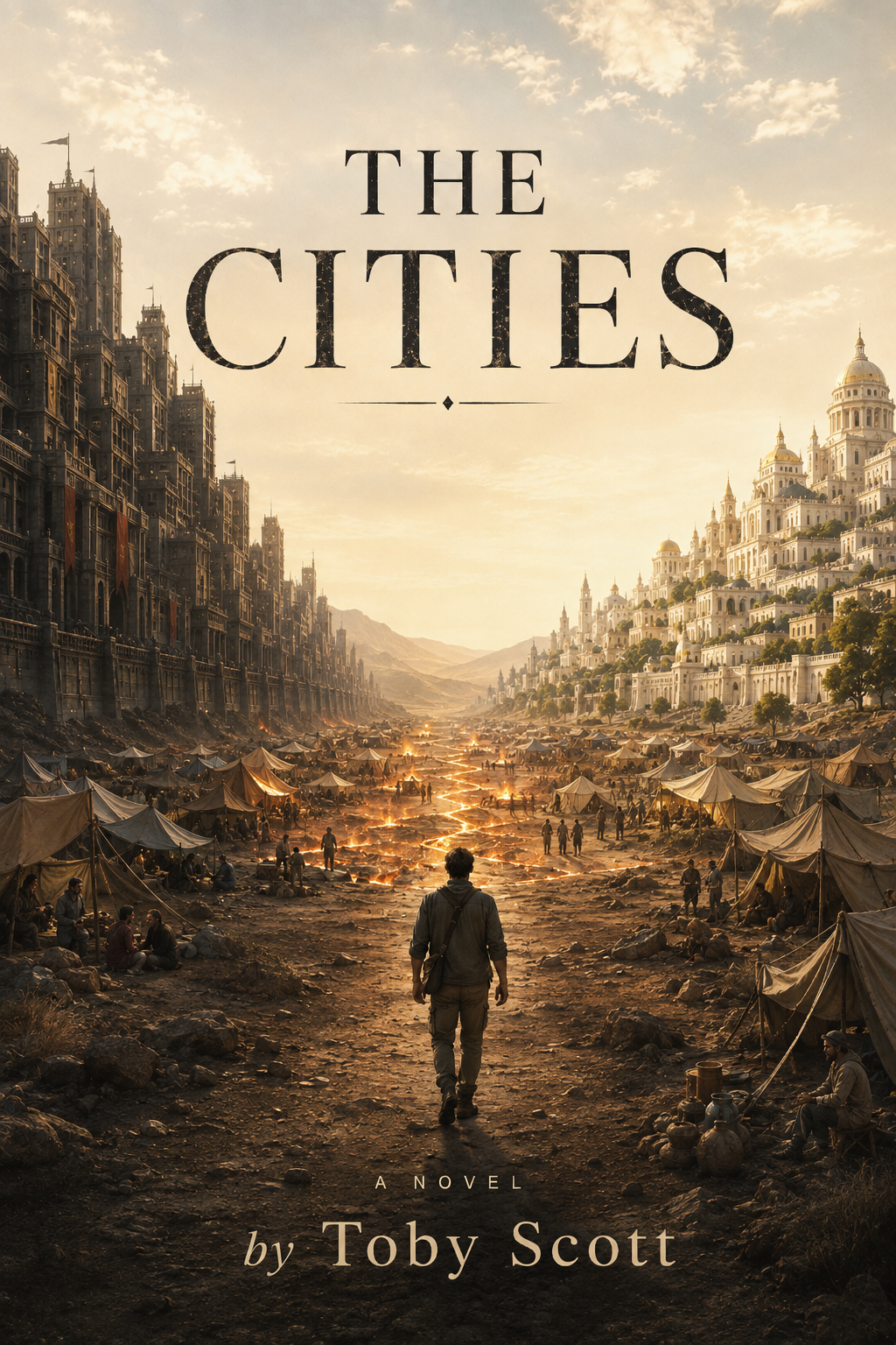 Book cover for 'The Cities' by Toby Scott, depicting a man walking through a dusty, tent-filled city street with tall, ornate buildings on either side and mountains in the background, under a cloudy sky.