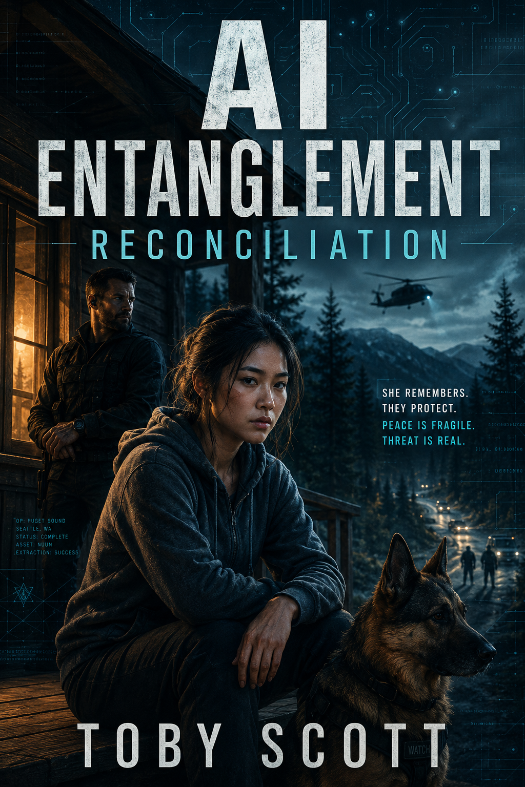 Book cover for 'AI Entanglement Reconcilation' by Toby Scott featuring a woman and a man outdoors at dusk, with a dog and a helicopter in the background, mountain trees, and a digital circuit design overlay.