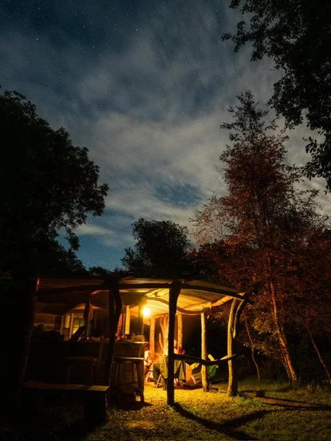 A nightime picture of the camp kitchen