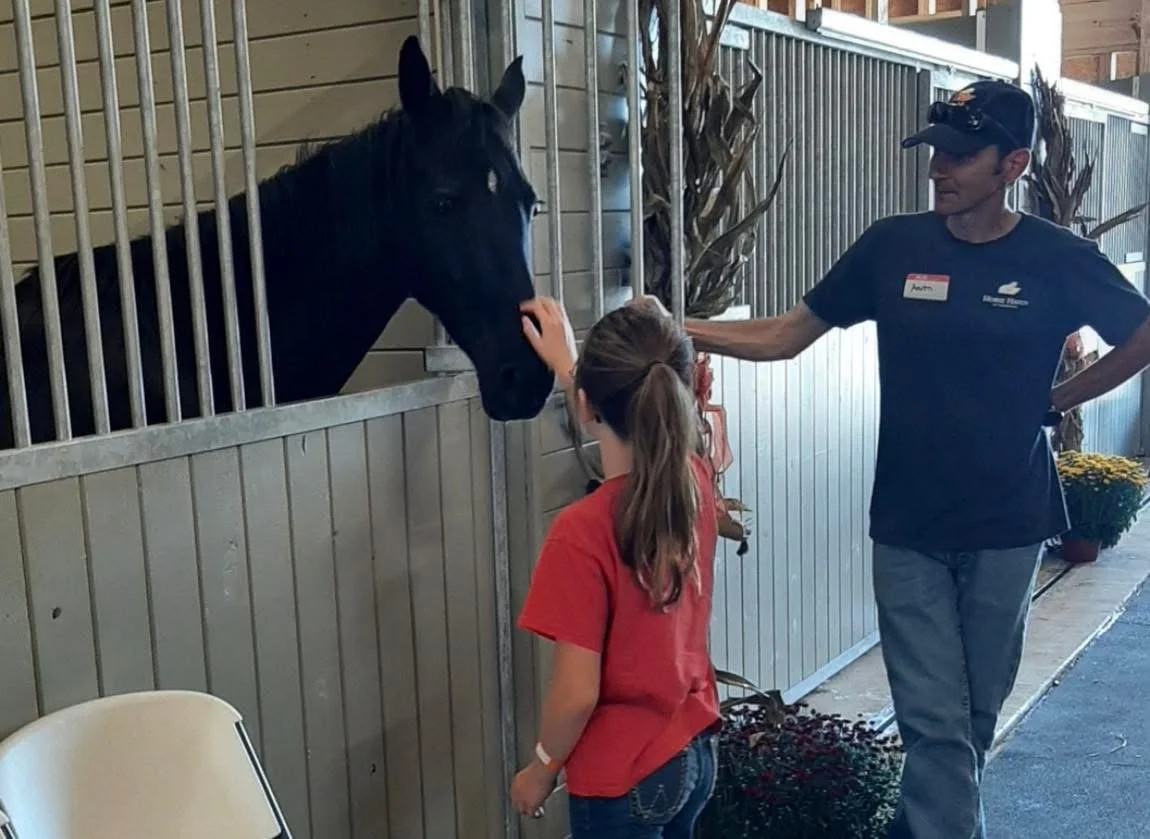 Girl with volunteer in barn greeting horse.