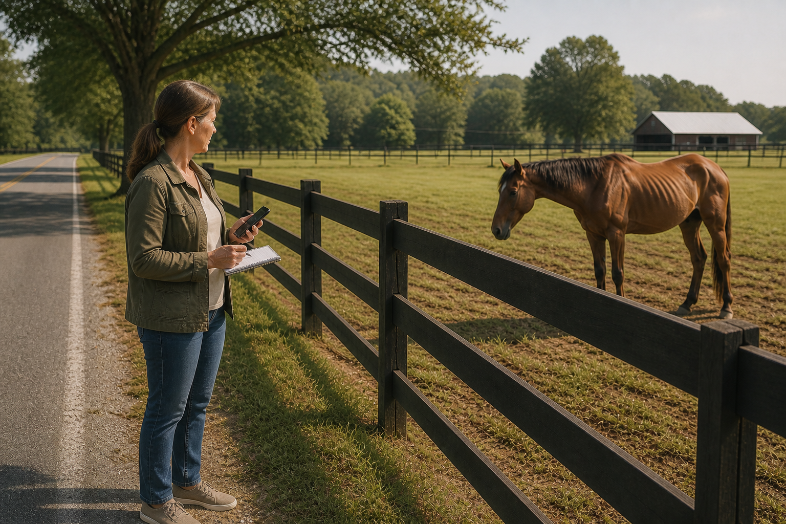 Woman observing mistreated horse.