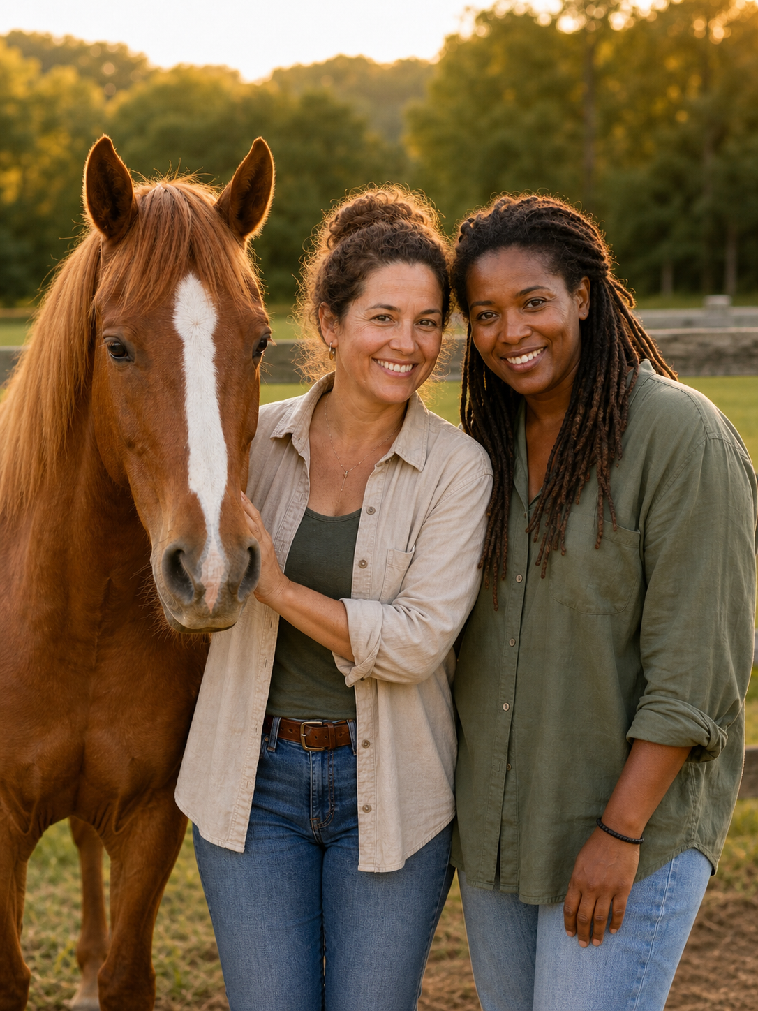 Two women smiling and standing with horse.