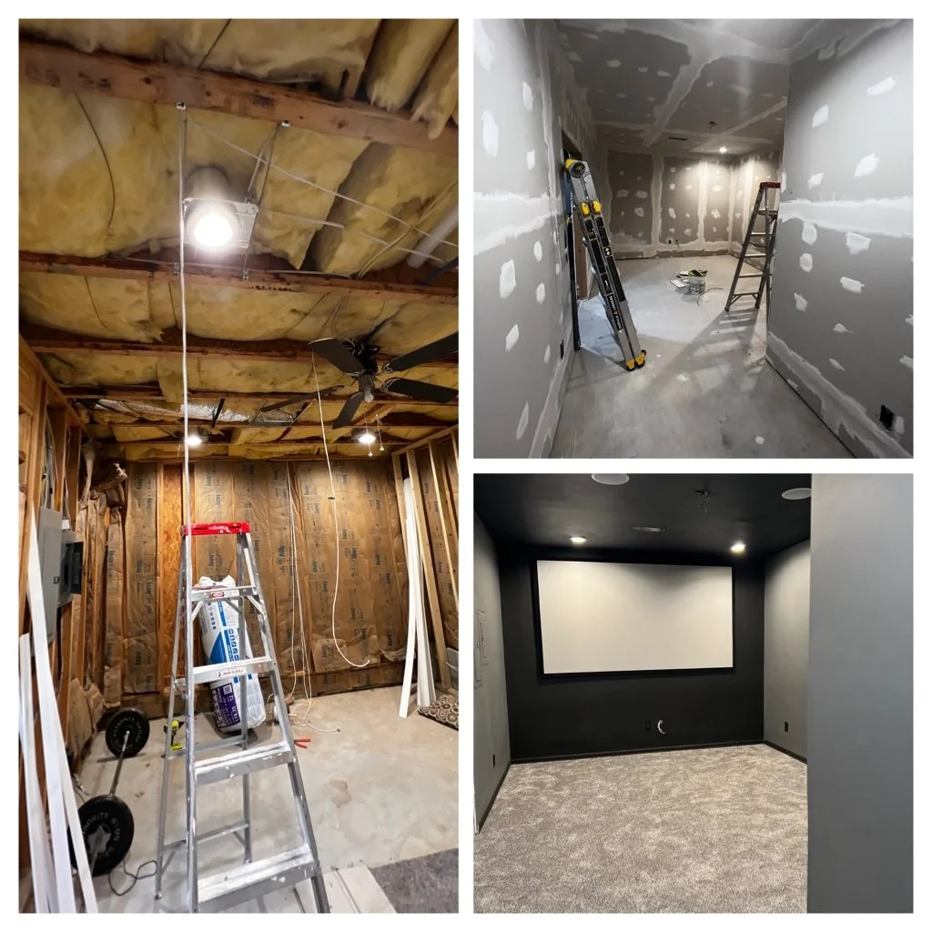 Three images collectively showing different stages of home renovation. The first image depicts a room under construction with exposed insulation, wooden framing, and a ladder. The second image shows a room in the drywall stage with unfinished walls, a ladder, and a bucket of tools. The third image features a finished home theater room with a large screen, dark painted walls, and carpeted flooring.