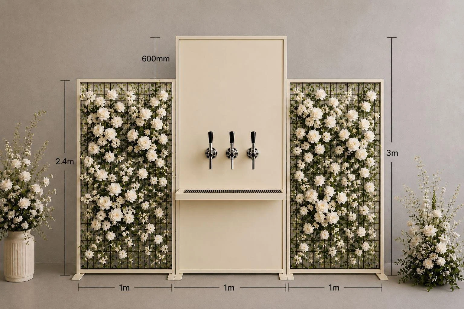Decorative floral backdrop with measuring annotations, consisting of two floral panels 1 meter wide and 2.4 and 3 meters tall, flanking a central beige panel with three black faucet handles, with potted plants on both sides.