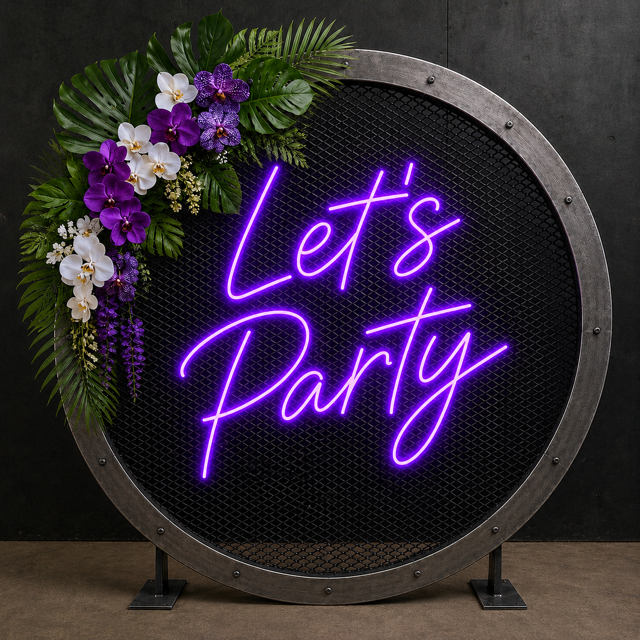 Neon sign with purple script that reads 'Let's Party,' decorated with a floral arrangement of purple and white orchids and green tropical leaves.
