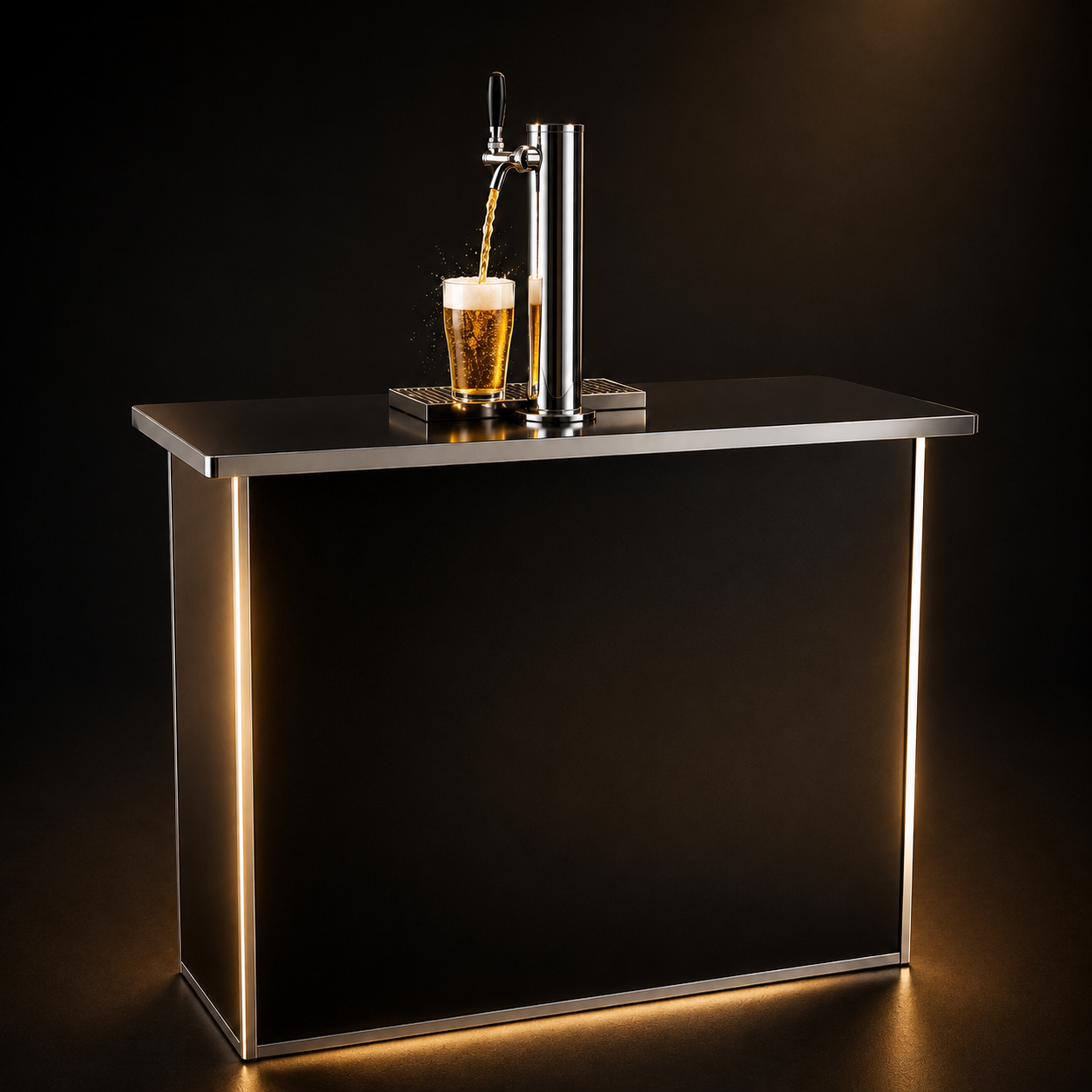 A modern black bar, available with single or double beer tap, designed to dispense up to 2 kegs.