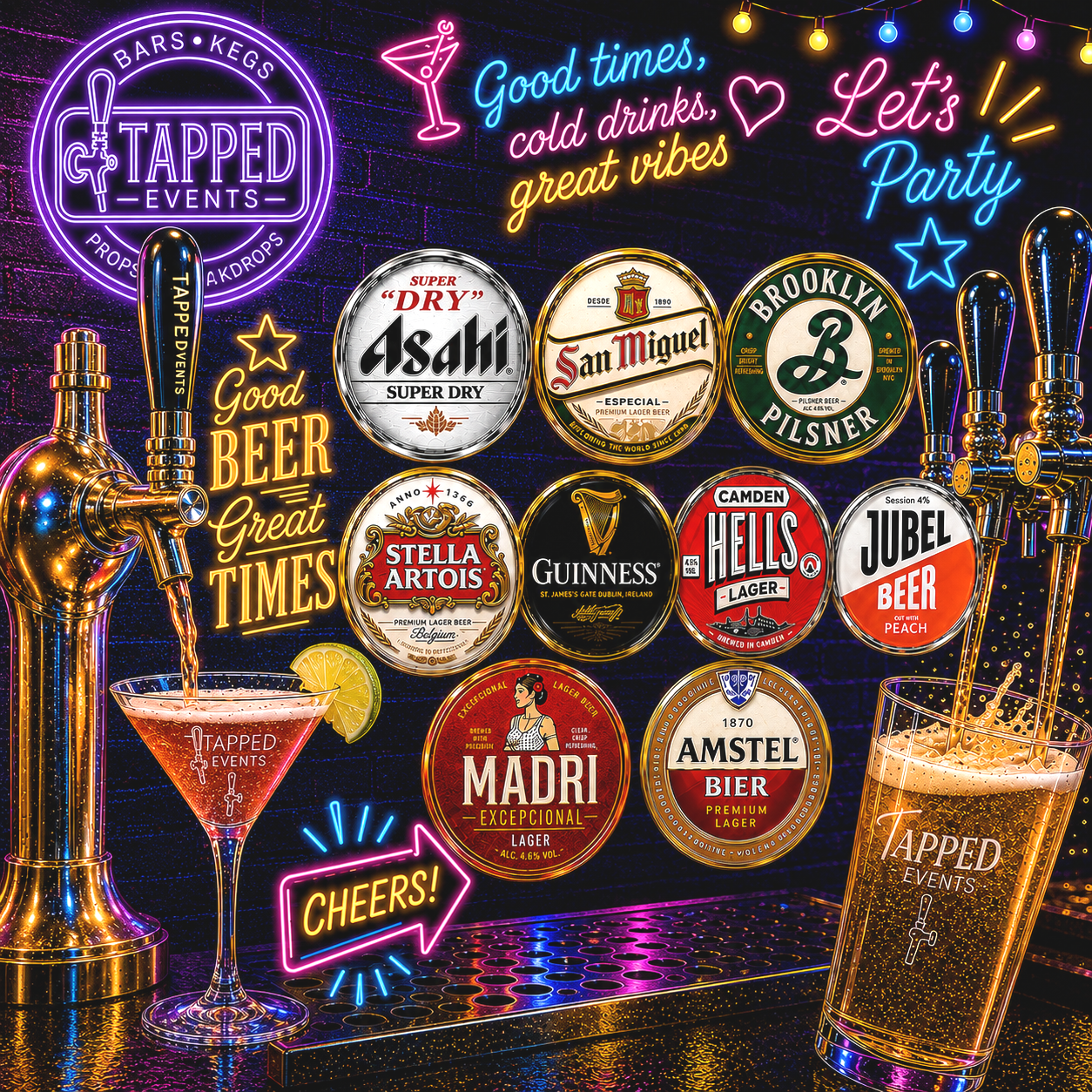 Neon sign displaying event services with beer and cocktail icons, various beer brands' labels, two glasses of beer and a cocktail with lemon, colorful string lights, and a dark background creating a vibrant party atmosphere.