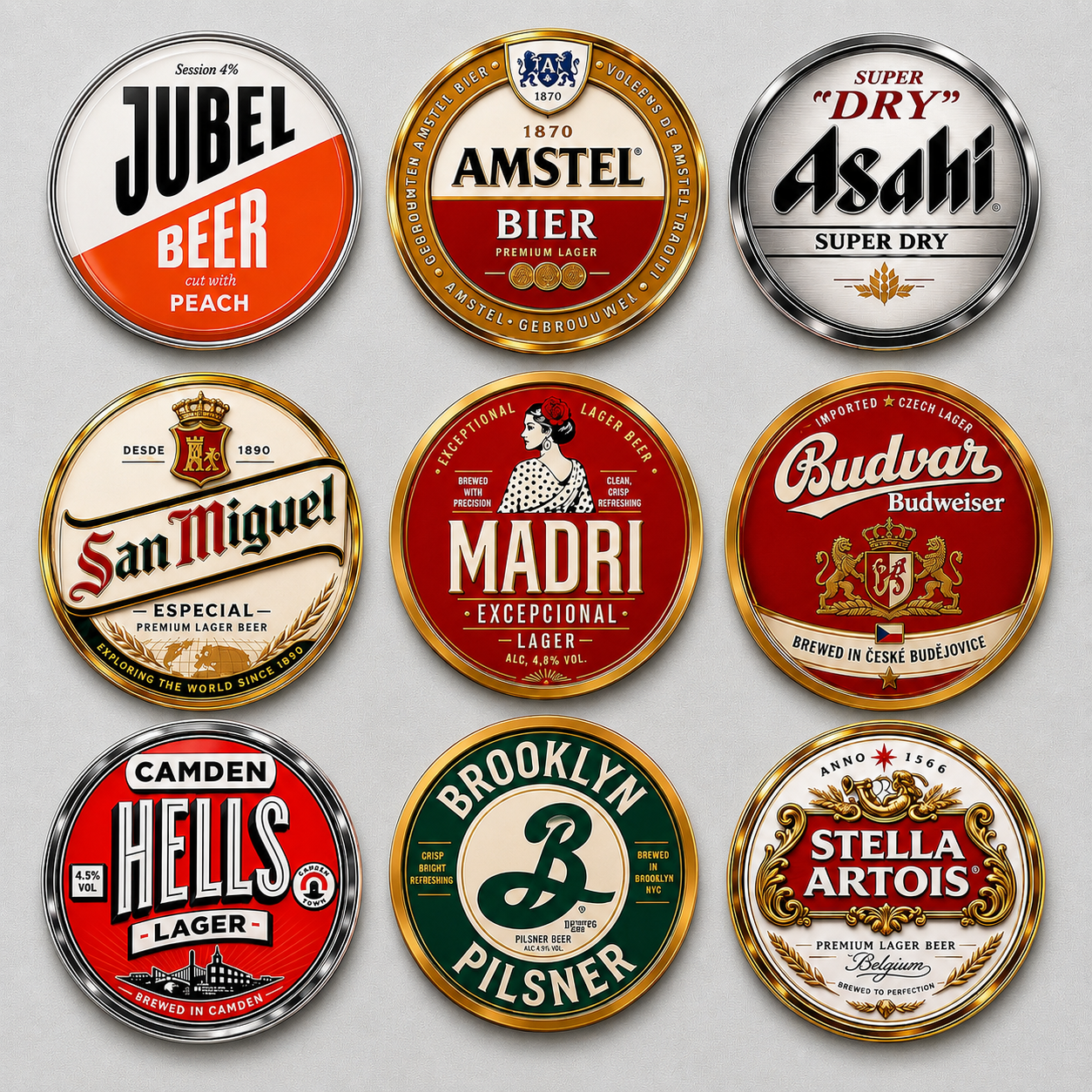 Mixed tap badges featuring: Jubel, Amstel, Asahi, San Miguel, Madri, Budvar, Hells, Brooklyn, and Stella Artois, arranged in three rows of three.