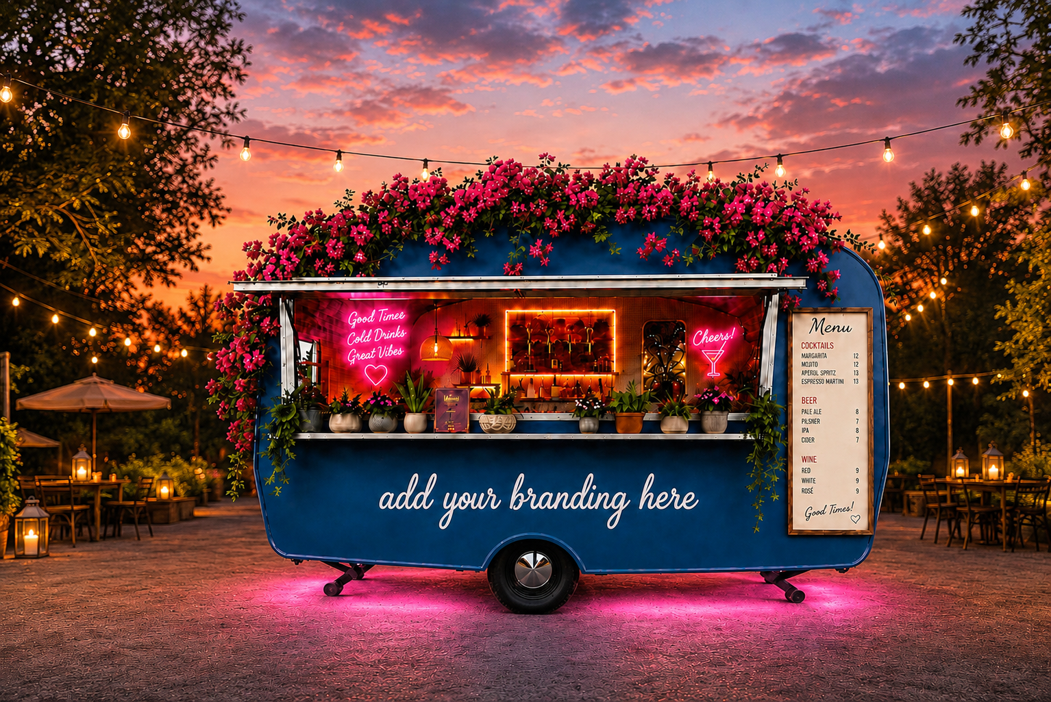 Blue caravan bar/ food truck decorated with pink flowers, string lights, and neon signs, serving cocktails/draught drinks. Perfect hire item for festivals, corporate and private parties, also brand activations.