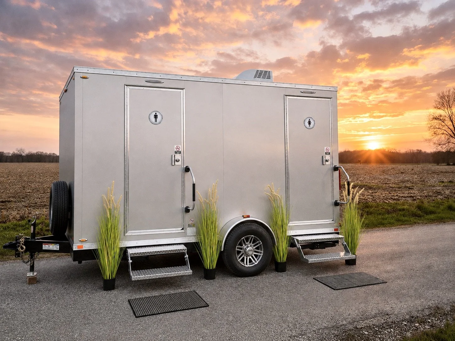 A gray mobile restroom trailer with separate entrances for men and women, nearby potted ornamental grasses, set against a sunset sky in a rural landscape.