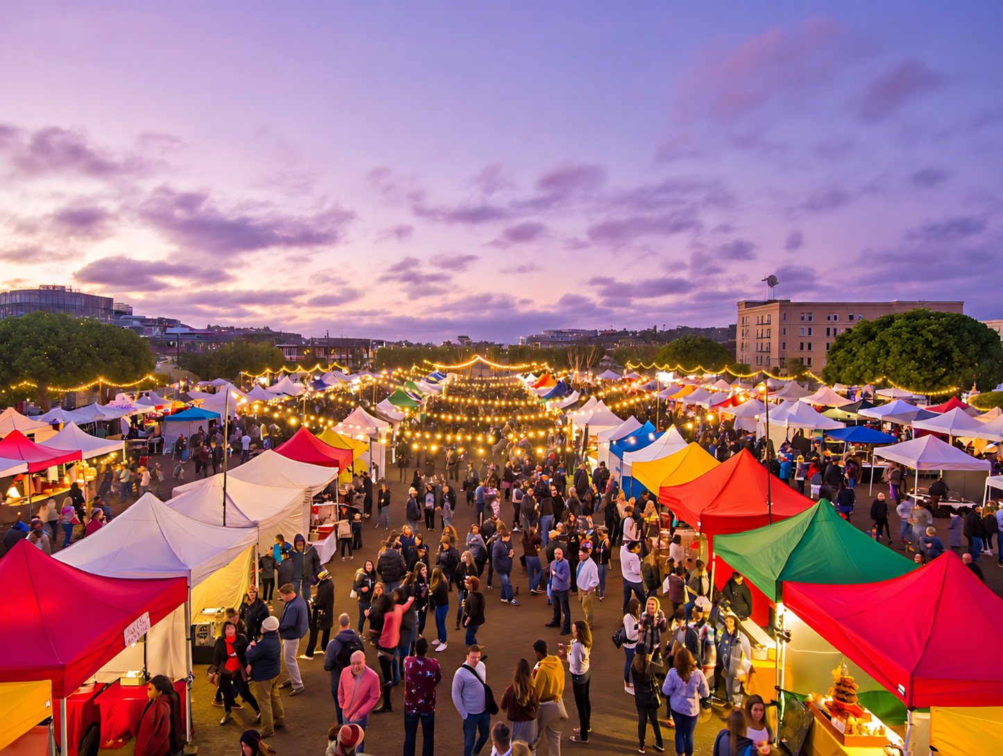An outdoor market at dusk with numerous vendor booths, colorful tents, string lights, and a crowd of people shopping and socializing under a purple sky.