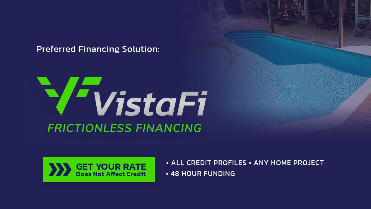 A promotional graphic for Vistafi, a financing company, showing a swimming pool at a residential property with outdoor seating, overlaid with text about the company's financing solutions, credit profiles, and funding options.