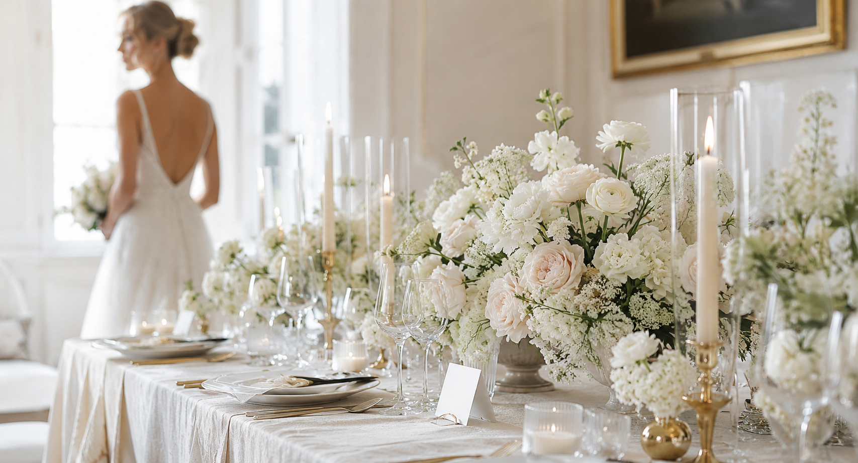 A wedding reception table decorated with white flowers, candles, wine glasses, and tableware