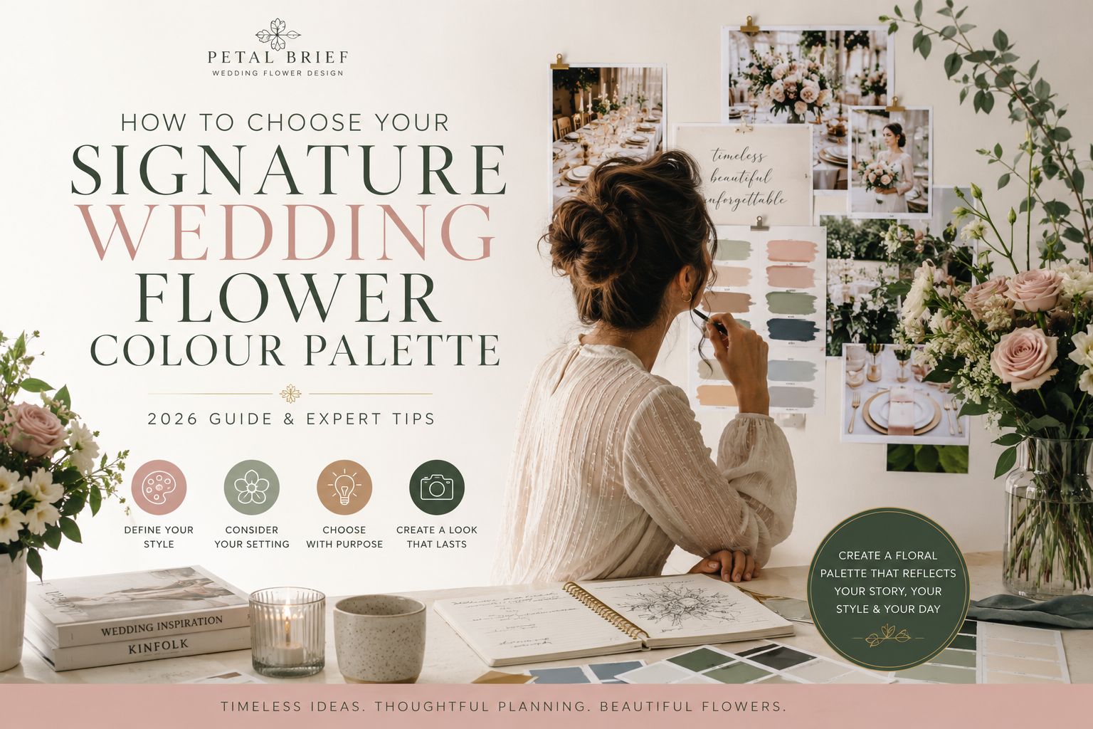 Luxury editorial flat-lay featuring elegant wedding flowers, colour palette swatches, stationery and floral inspiration illustrating how to choose the perfect wedding flower colour palette.