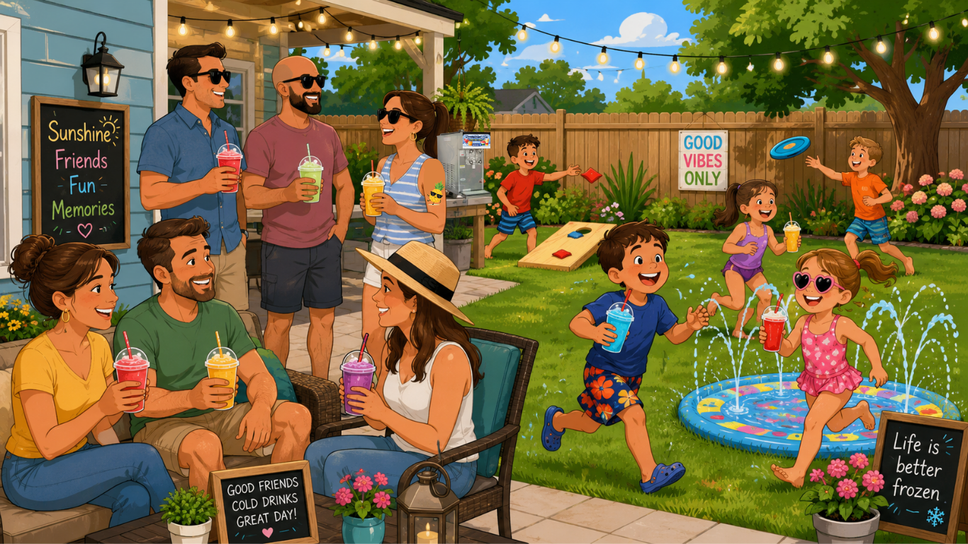 A lively backyard scene with friends and children enjoying a summer day. Friends are sitting on patio furniture, smiling, and holding colorful drinks. Children are playing in a small inflatable pool and tossing frisbees under string lights. The yard is decorated with signs that say 'Sunshine Friends Fun Memories' and 'Good Vibes Only,' along with potted plants and a fountain. The scene exudes happiness and relaxation.
