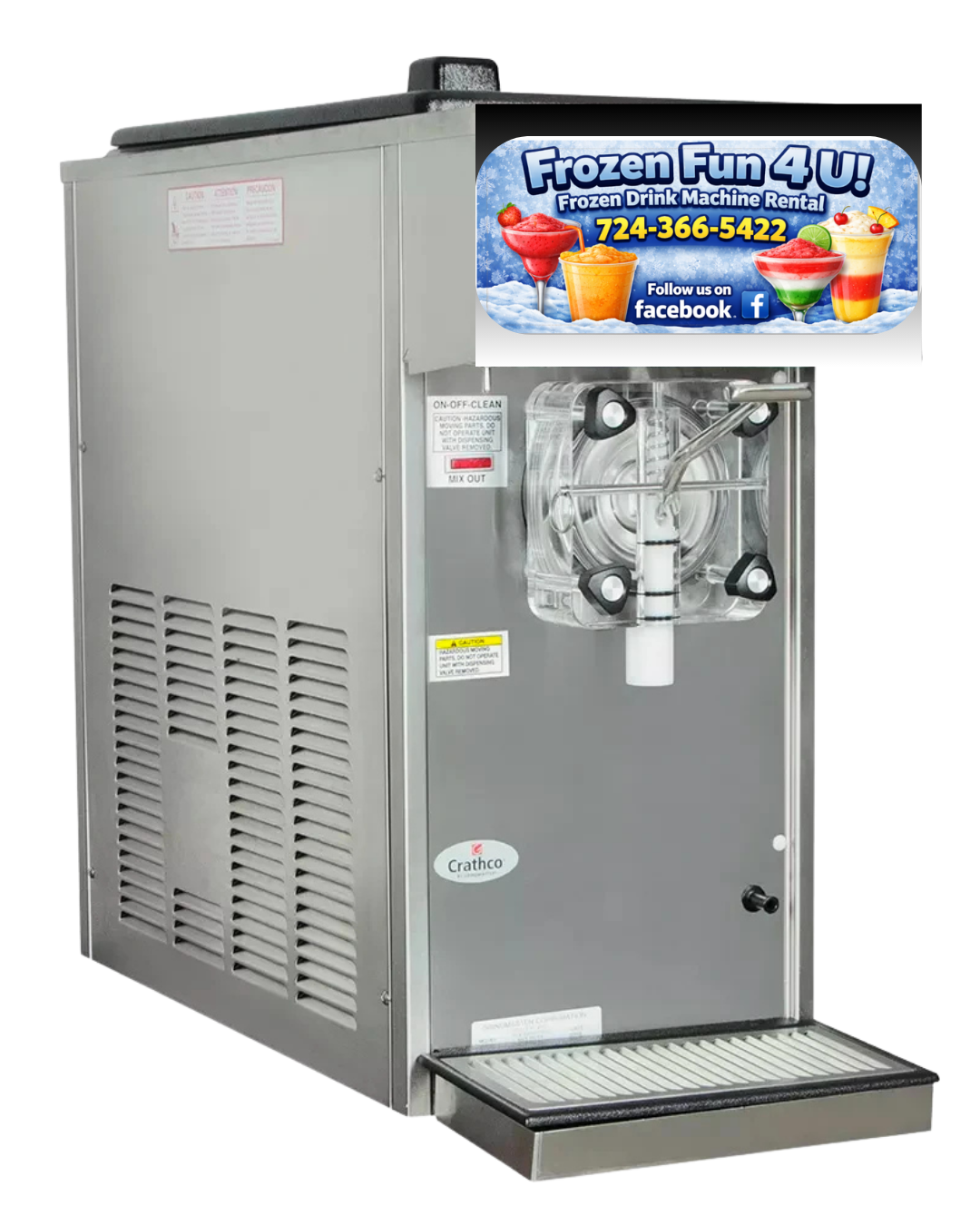 A stainless steel frozen drink vending machine with a colorful advertisement on top promoting frozen drink rentals, featuring images of various frozen beverages and a phone number.