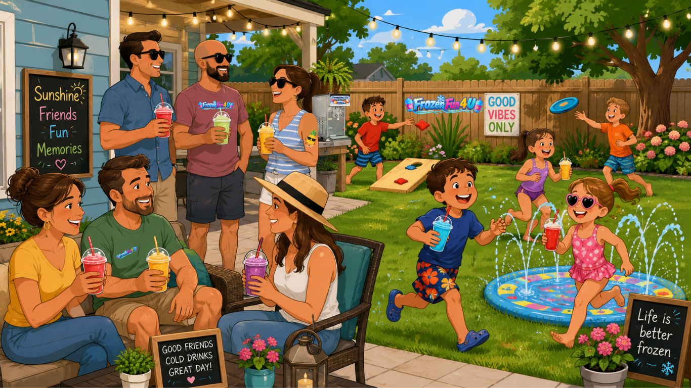 A lively backyard summer party with friends and children. Adults are sitting on outdoor furniture, enjoying colorful frozen drinks, while children play and splash in a small inflatable pool. String lights hang above, and signs read 'Sunshine Friends Fun Memories', 'Good Vibes Only', and 'Life is Better Frozen'. Bright flowers, a wooden fence, and trees surround the area.