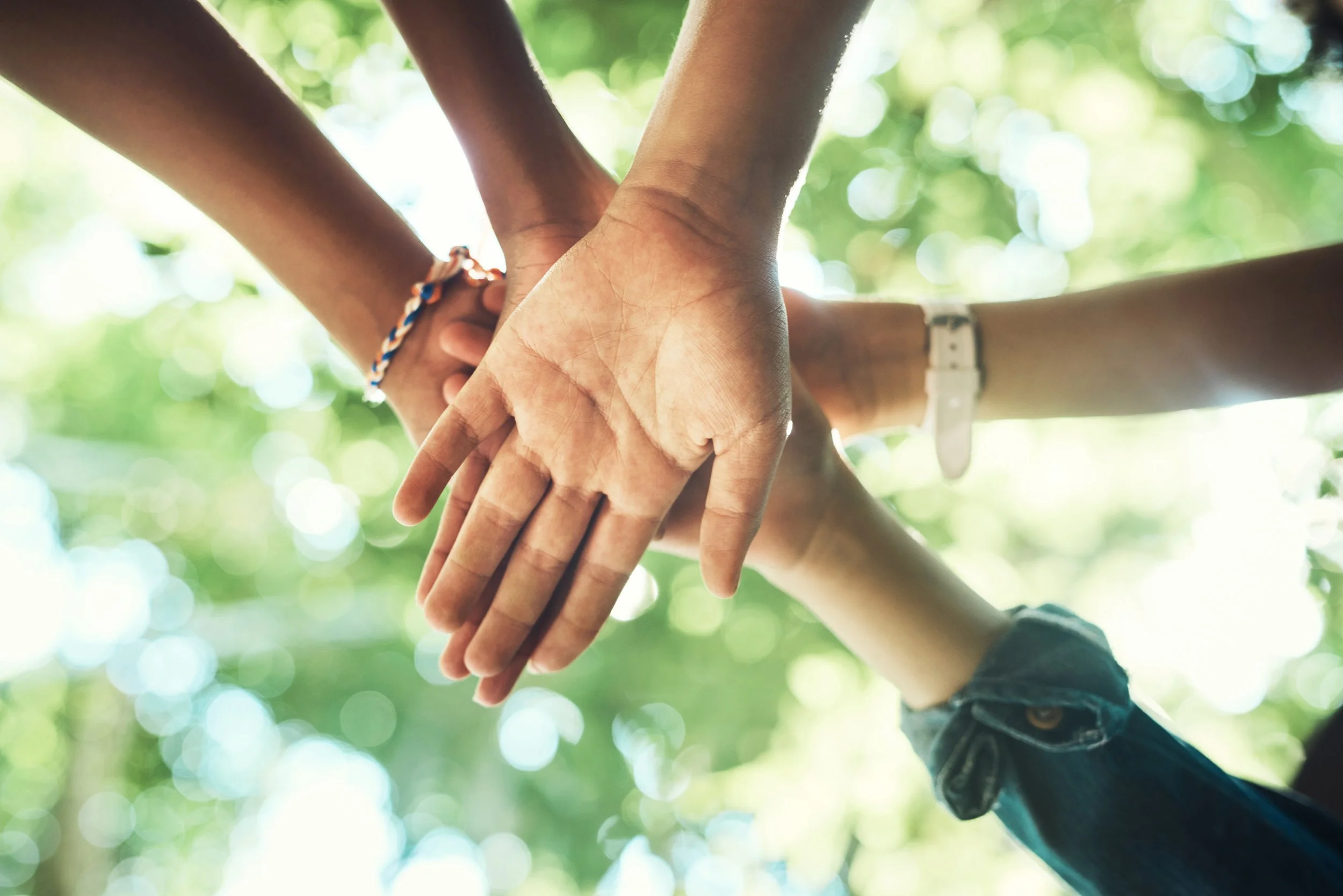 Multiple hands stacked together in the air outdoors with sunlight and green trees in the background.