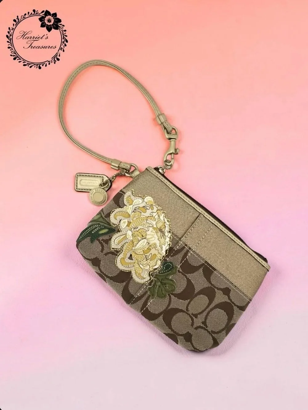 Vintage Coach Brown Signature Floral Appliqué Wristlet