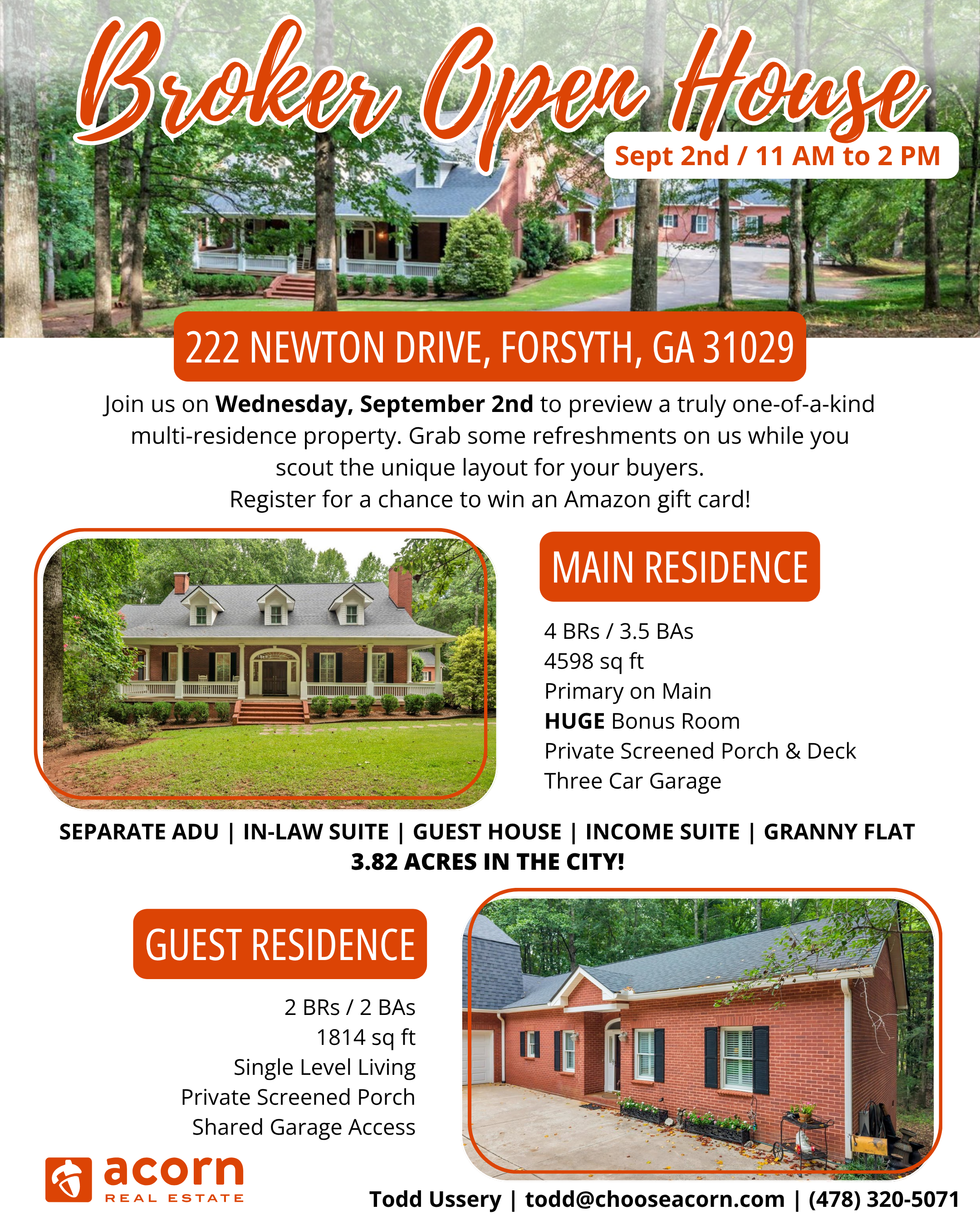 Picture of house listed at 222 Newton Drive in Forsyth GA, and dates for an agent open house.