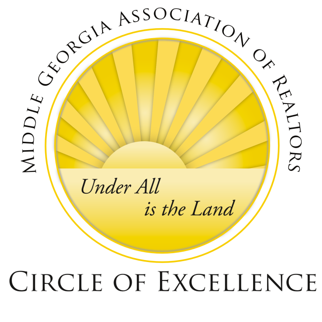 Logo for Middle Georgia Association of Realtors featuring a stylized rising sun with the slogan 'Under All is the Land' and the text 'Circle of Excellence' at the bottom.