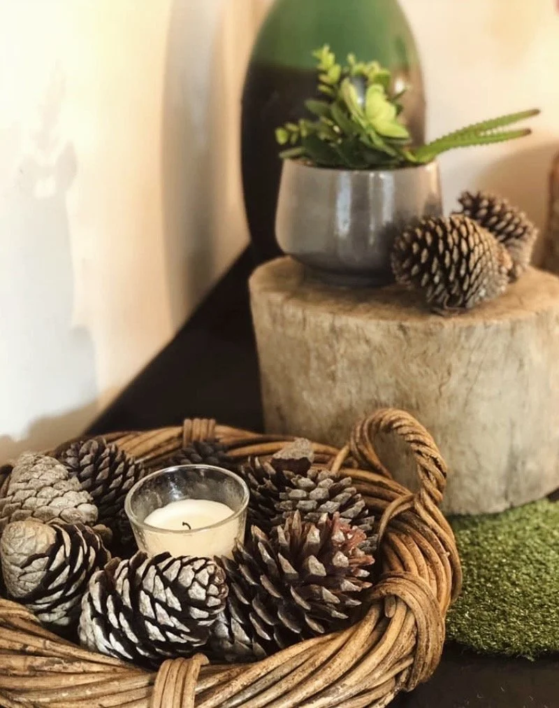 Decorative arrangement with pinecones, a small candle, a green and black vase, an artificial plant, and a small piece of green carpet on a black surface, with a tree stump used as a stand.