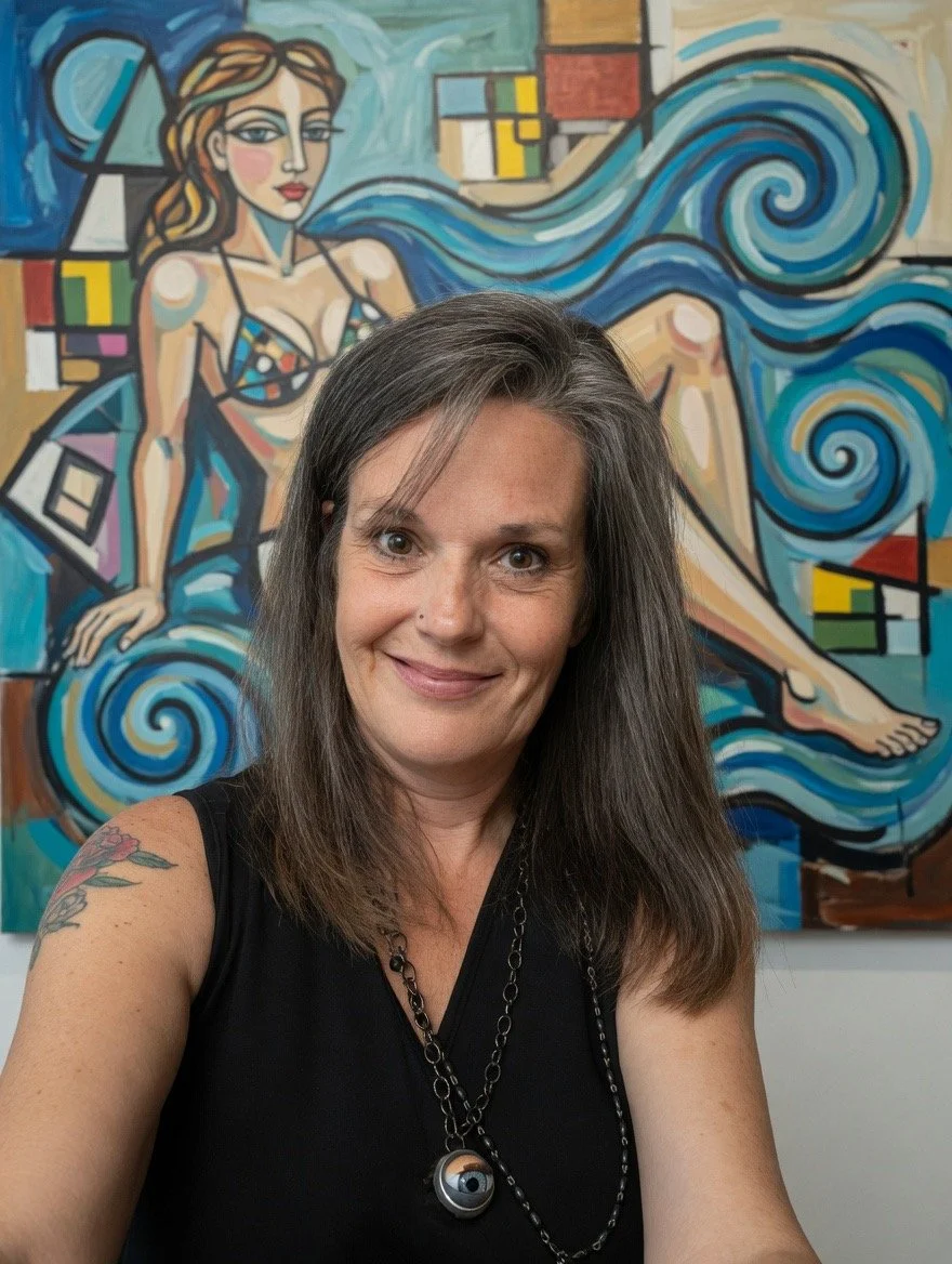 A woman with shoulder-length brown hair, wearing a black sleeveless top and a necklace with a round pendant, standing in front of a colorful abstract painting of a woman with flowing blue hair.