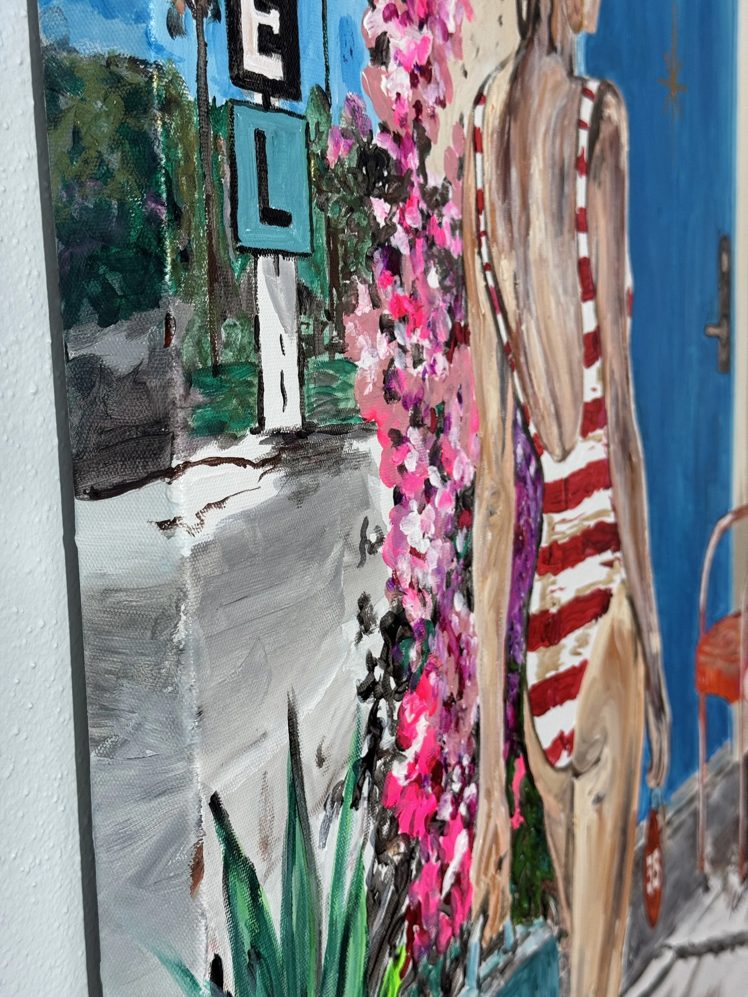 Original retro Florida acrylic painting of a woman in a striped swimsuit carrying a turquoise suitcase toward Room 55 at a vintage motel, by Laurie Cavender.