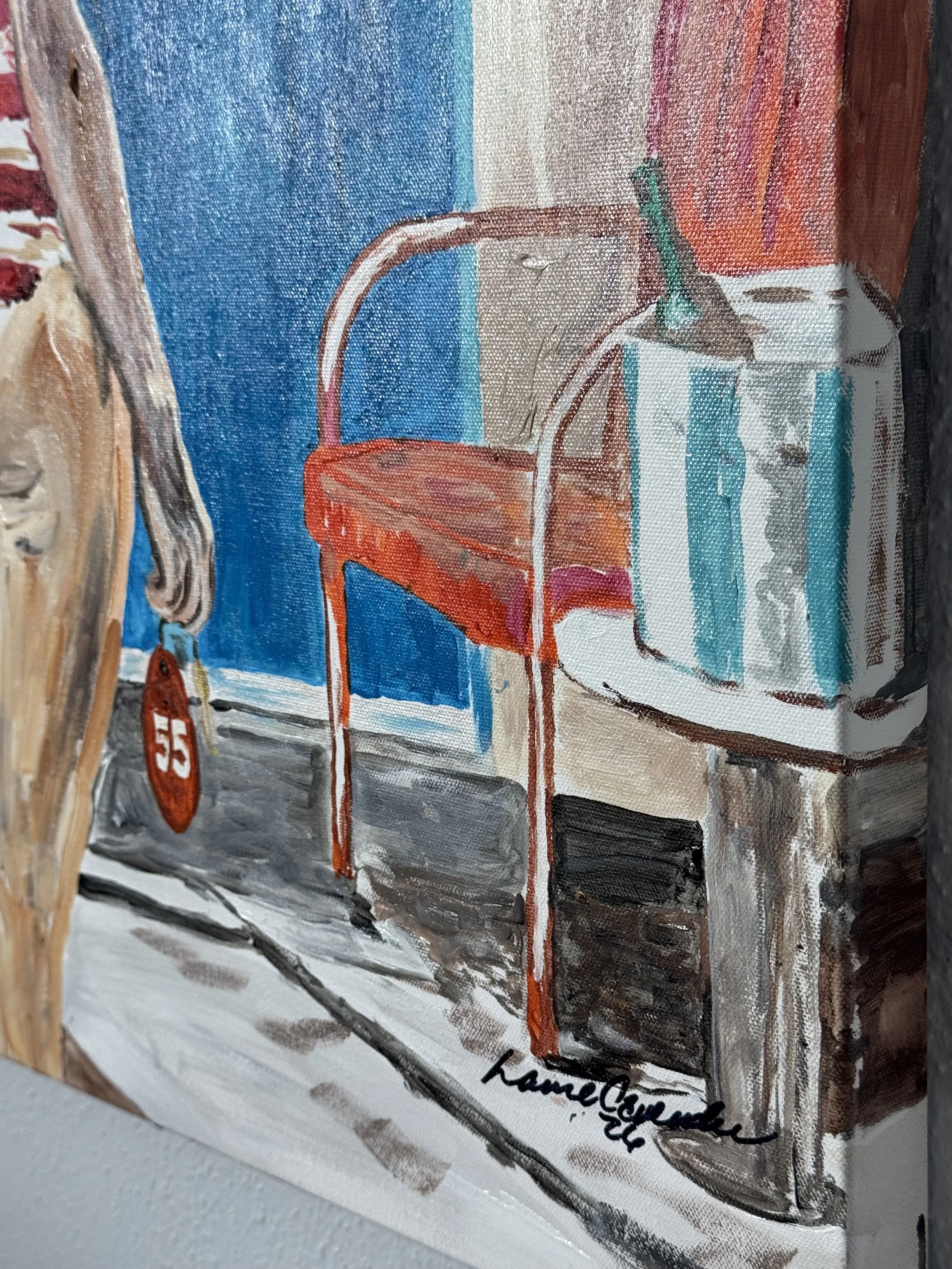 Original retro Florida acrylic painting of a woman in a striped swimsuit carrying a turquoise suitcase toward Room 55 at a vintage motel, by Laurie Cavender.
