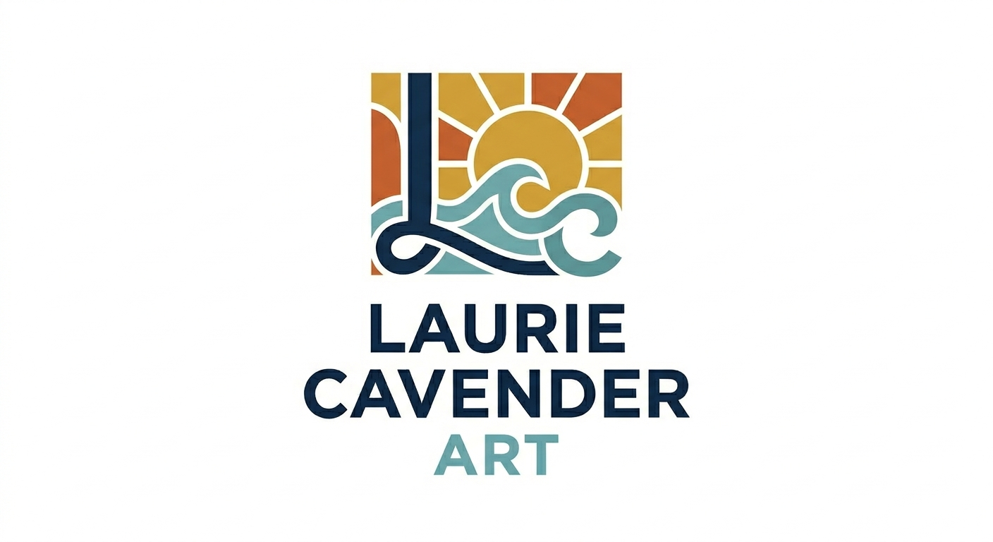 A colorful logo with a sun, wave, and sailboat, with the text 'Laurie Cavender Art' underneath.