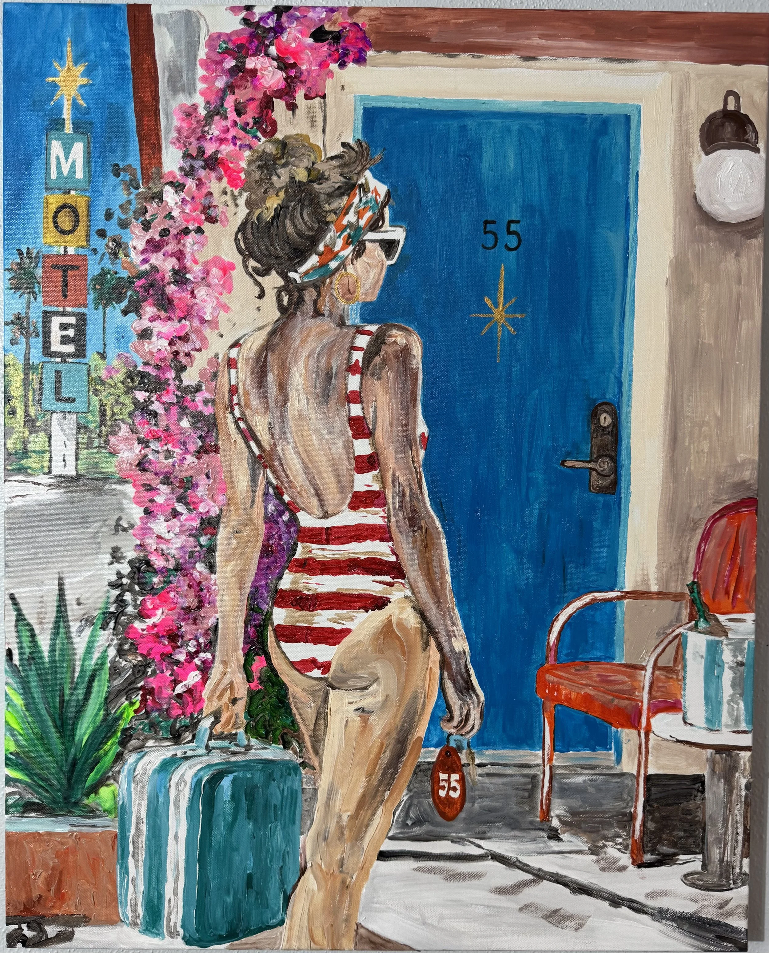 Original retro Florida acrylic painting of a woman in a striped swimsuit carrying a turquoise suitcase toward Room 55 at a vintage motel, by Laurie Cavender.