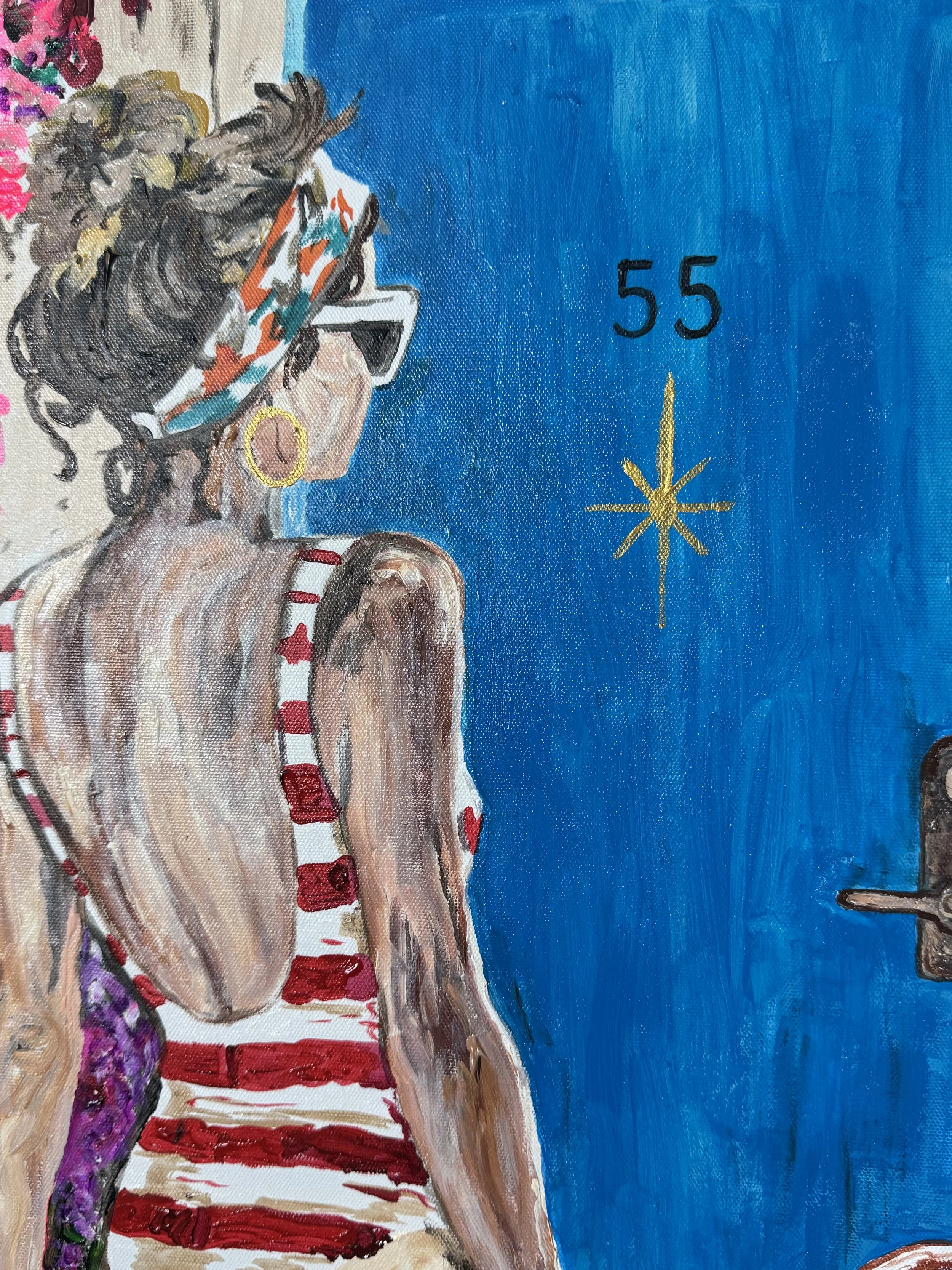 Original retro Florida acrylic painting of a woman in a striped swimsuit carrying a turquoise suitcase toward Room 55 at a vintage motel, by Laurie Cavender.