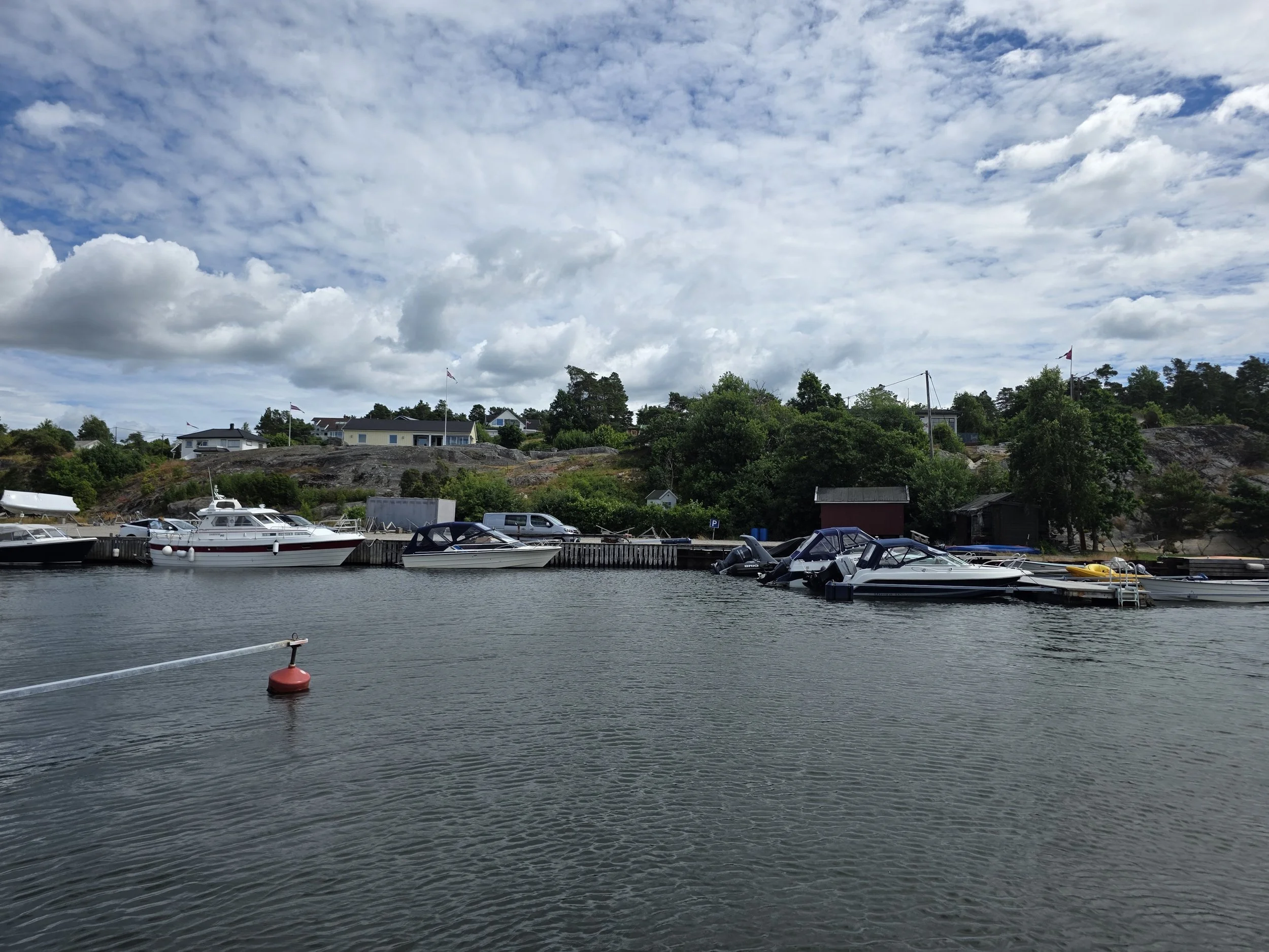 Båter kolonne i en marina foran en boligområde med trær under en delvis skyet himmel.